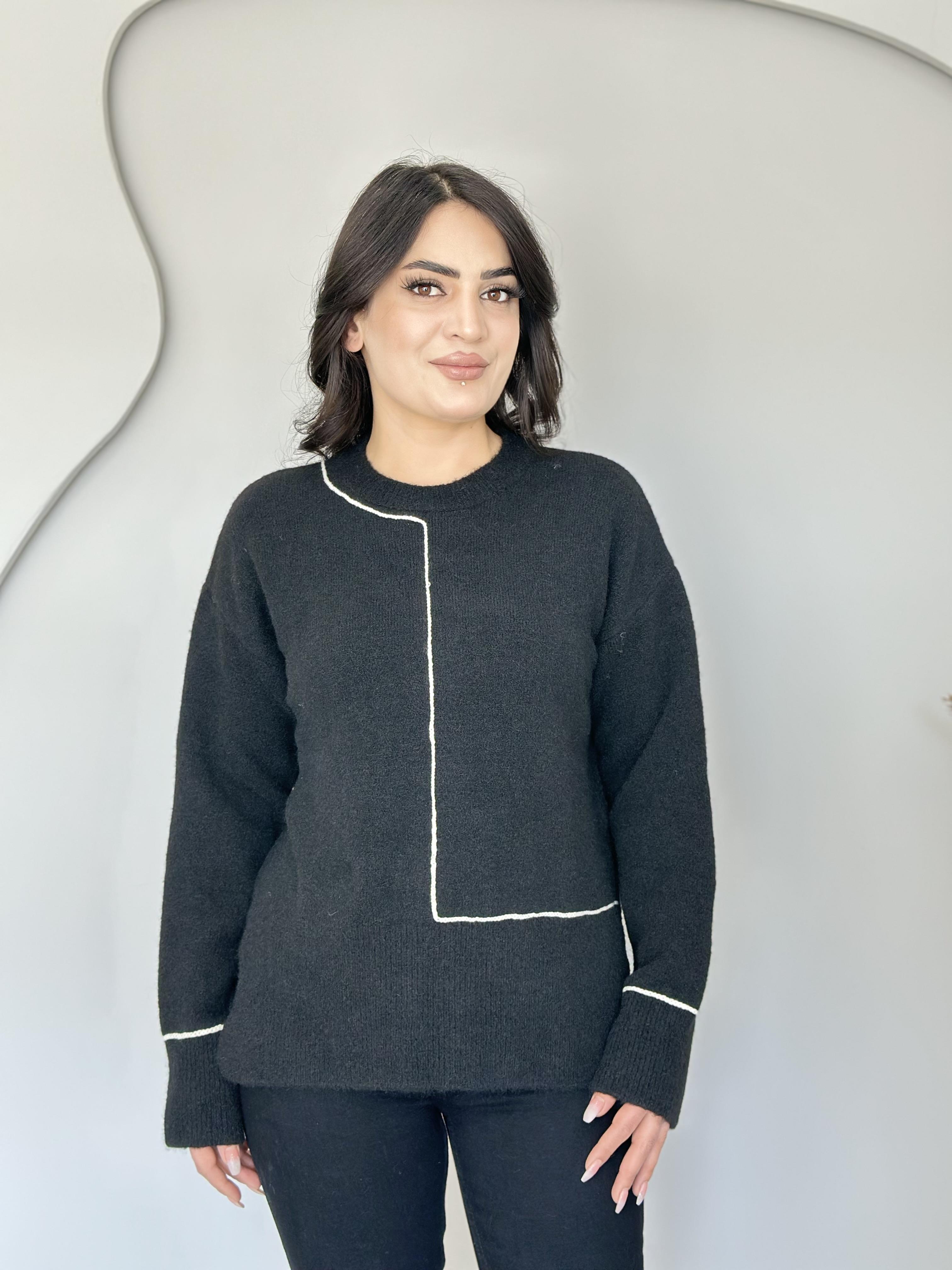 Elio Siyah Bisiklet Yaka Şerit Çizgili Triko Kazak C9999 