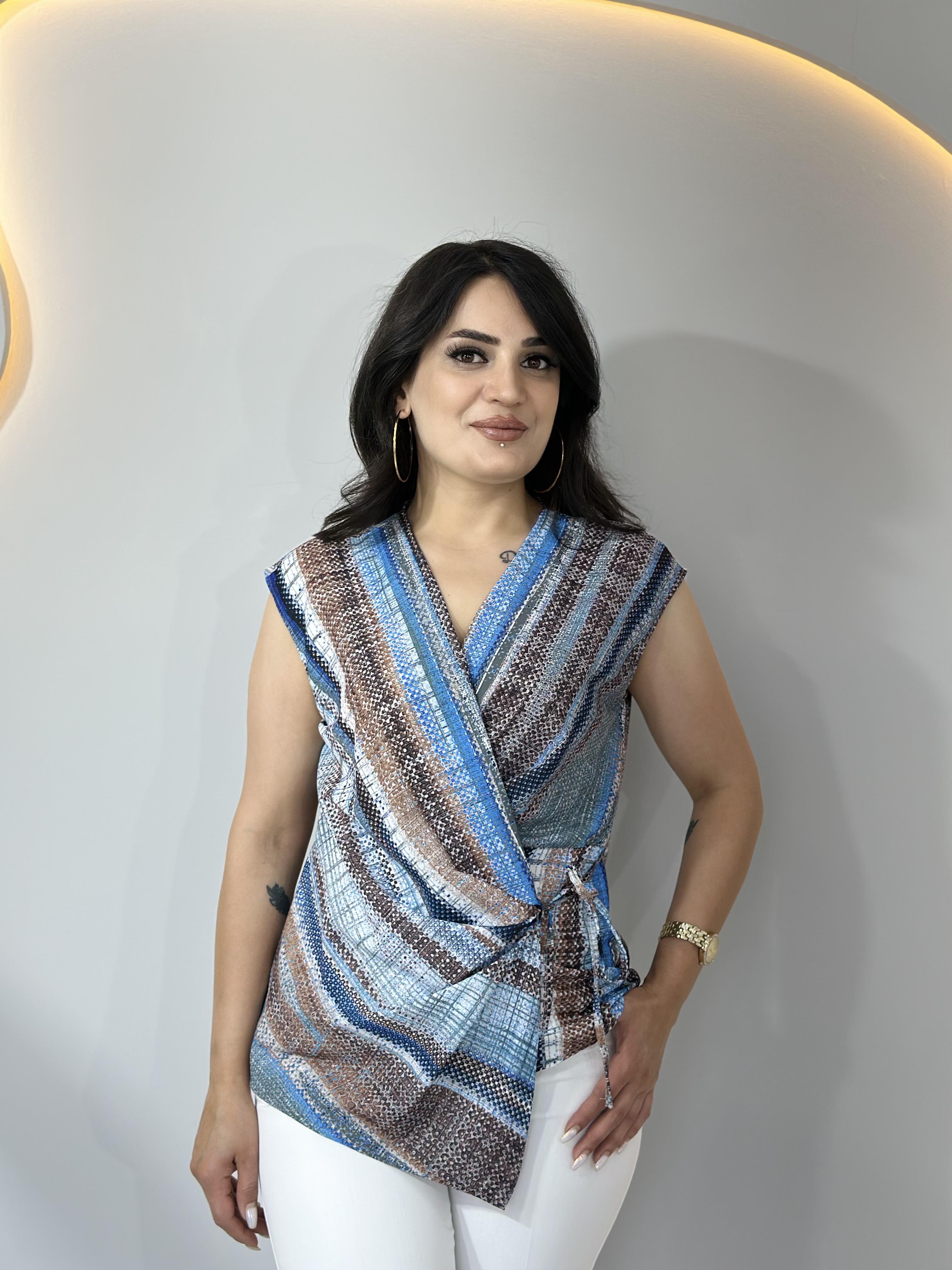Elsa Mavi Yandan Bağlamalı Saten Bluz A623