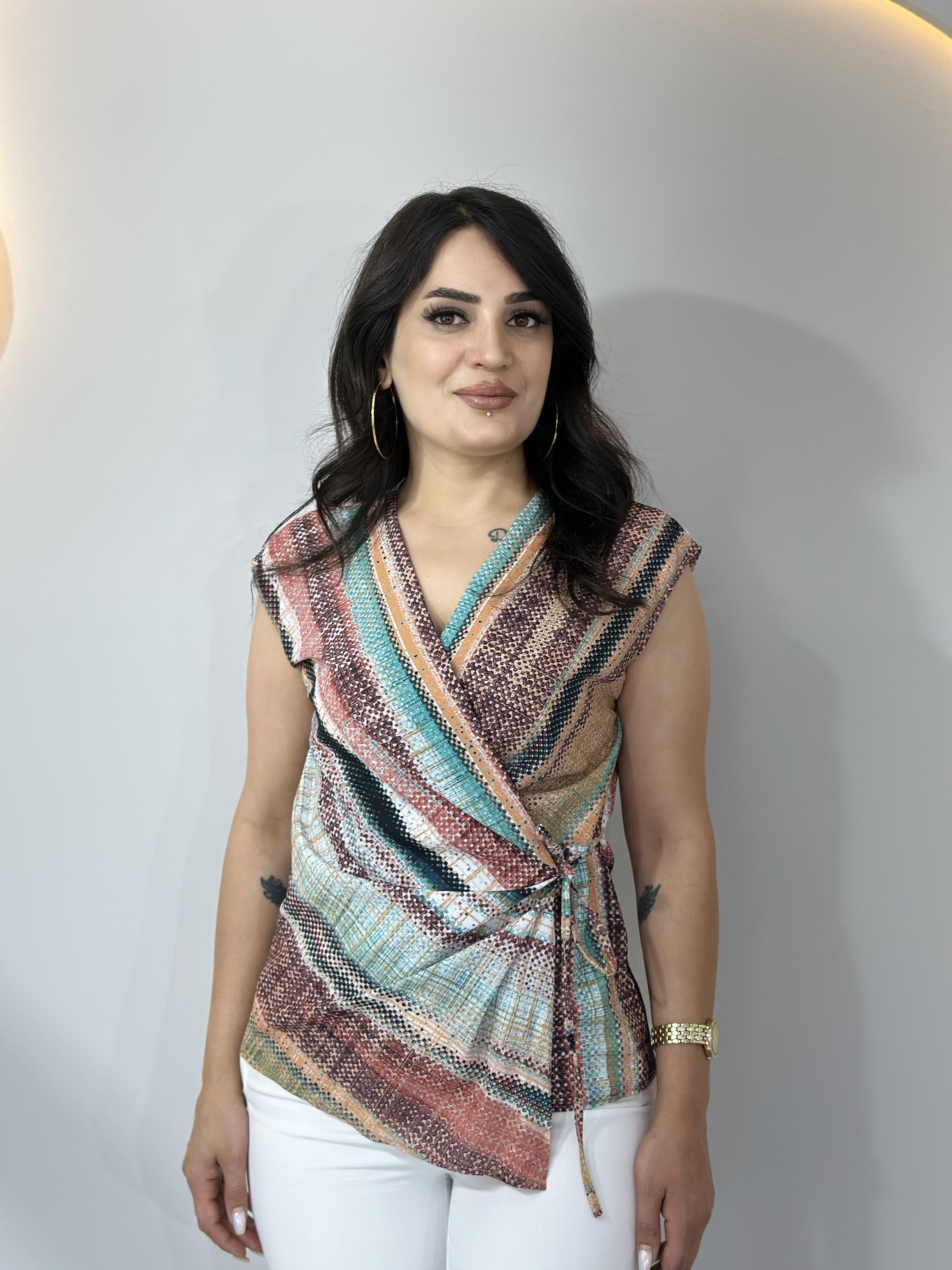 Elsa Turuncu Desenli Yandan Bağlamalı Saten Bluz A624