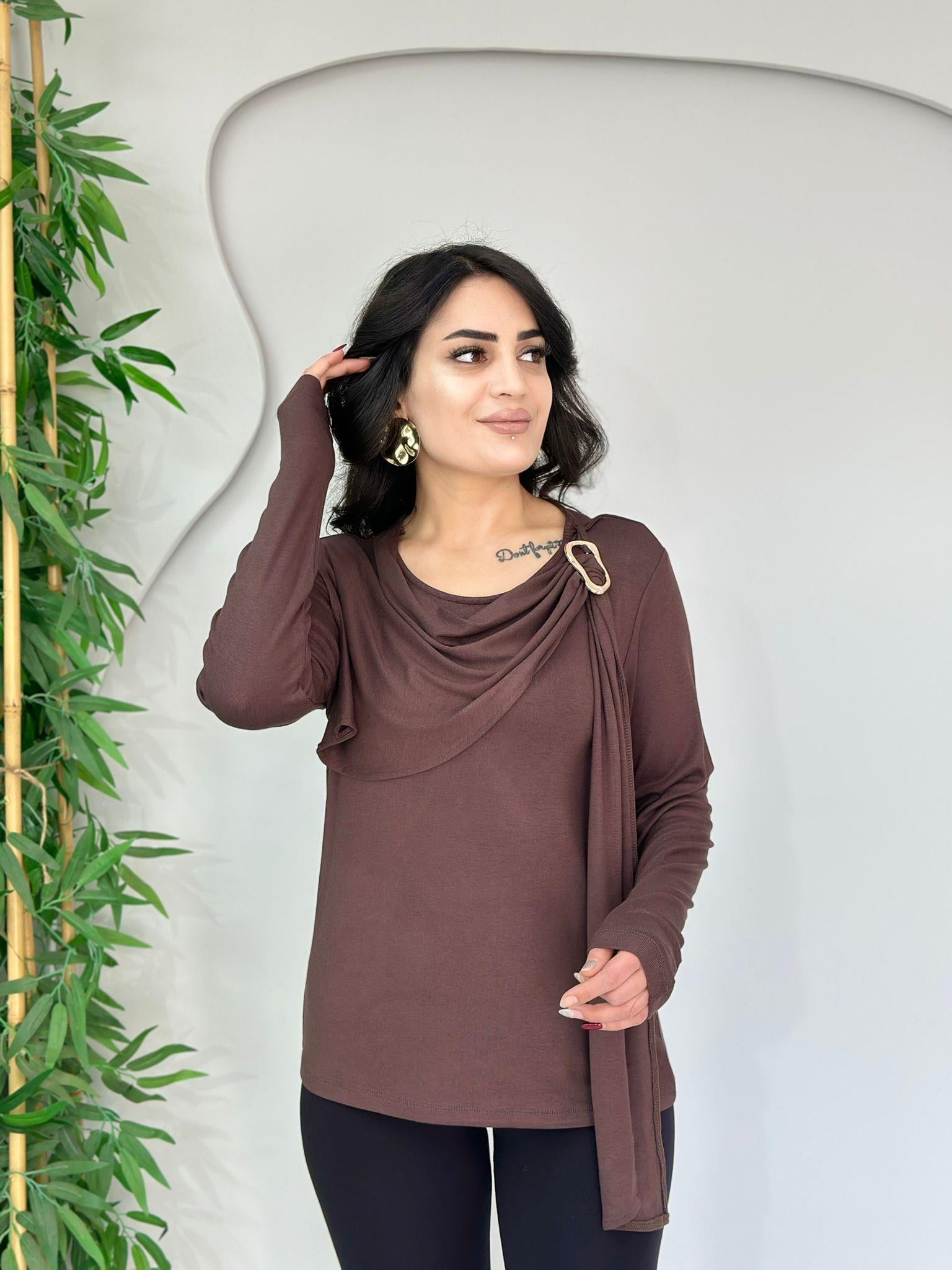 Elva Acı Kahve Gold Aksesuar Detaylı Şal Yaka Bluz A6363