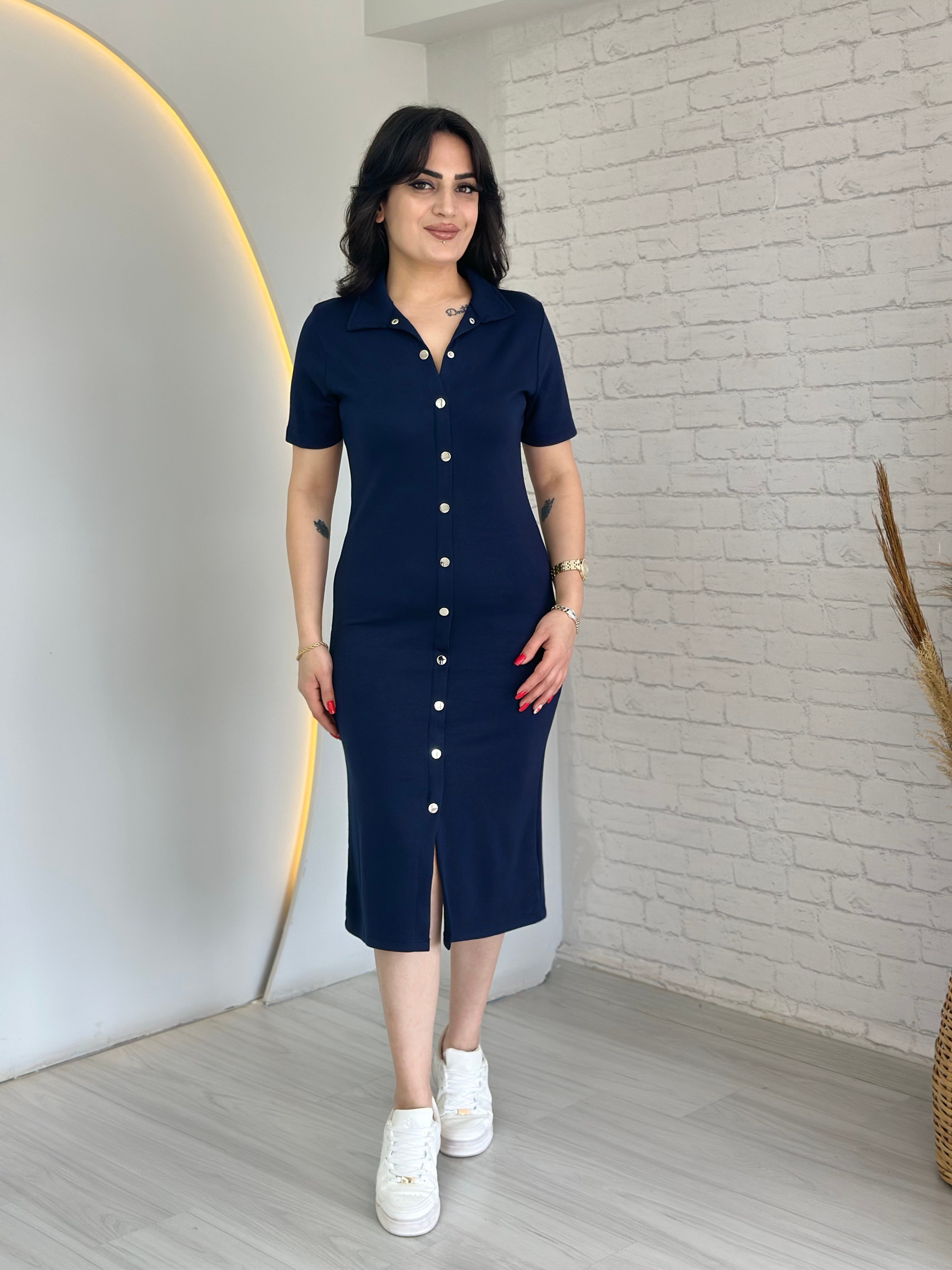 Elya Lacivert Polo Yaka Önden Düğme Detaylı Midi Boy Elbise D084