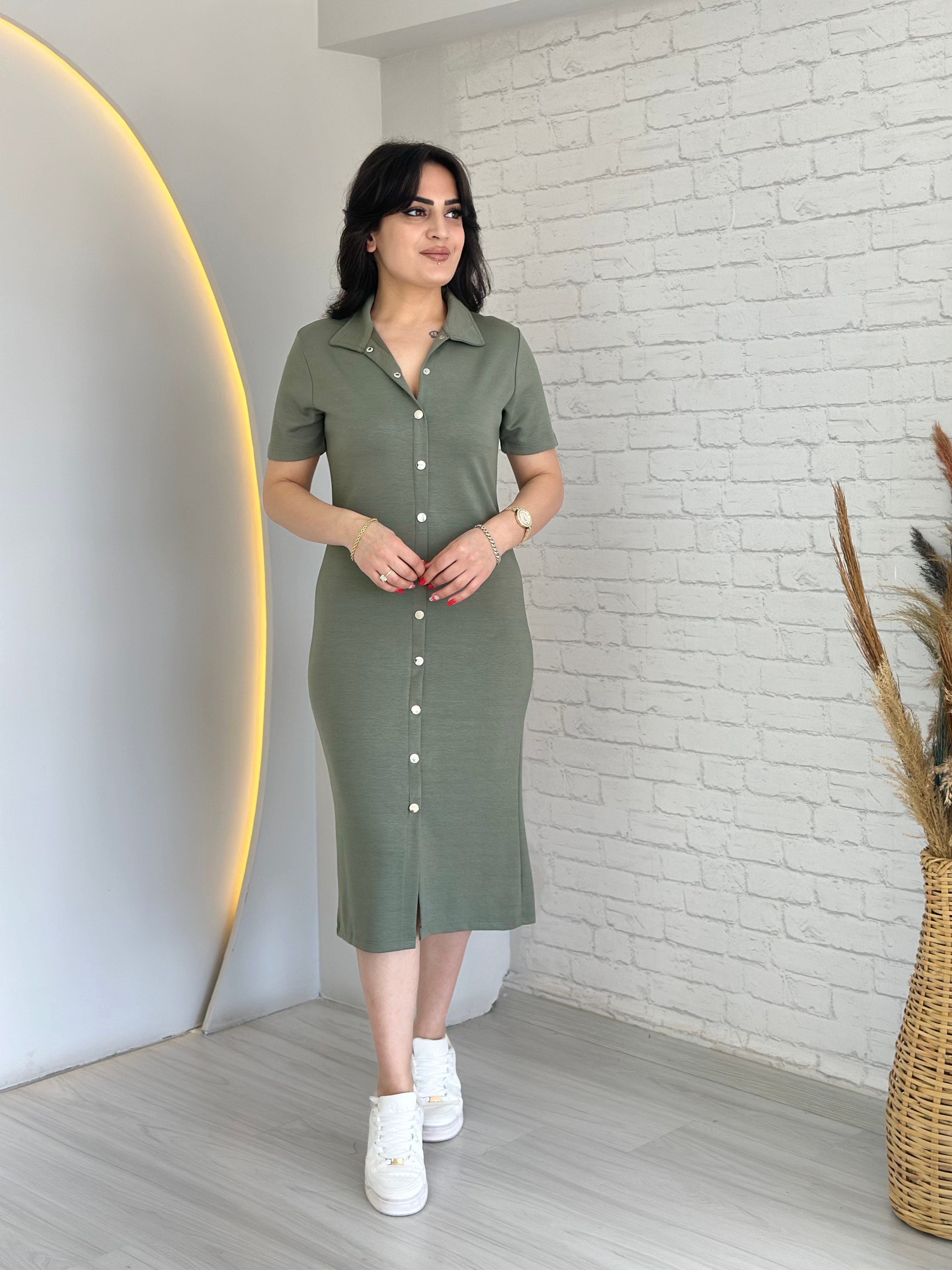 Elya Mint Yeşili Polo Yaka Önden Düğme Detaylı Midi Boy Elbise D084