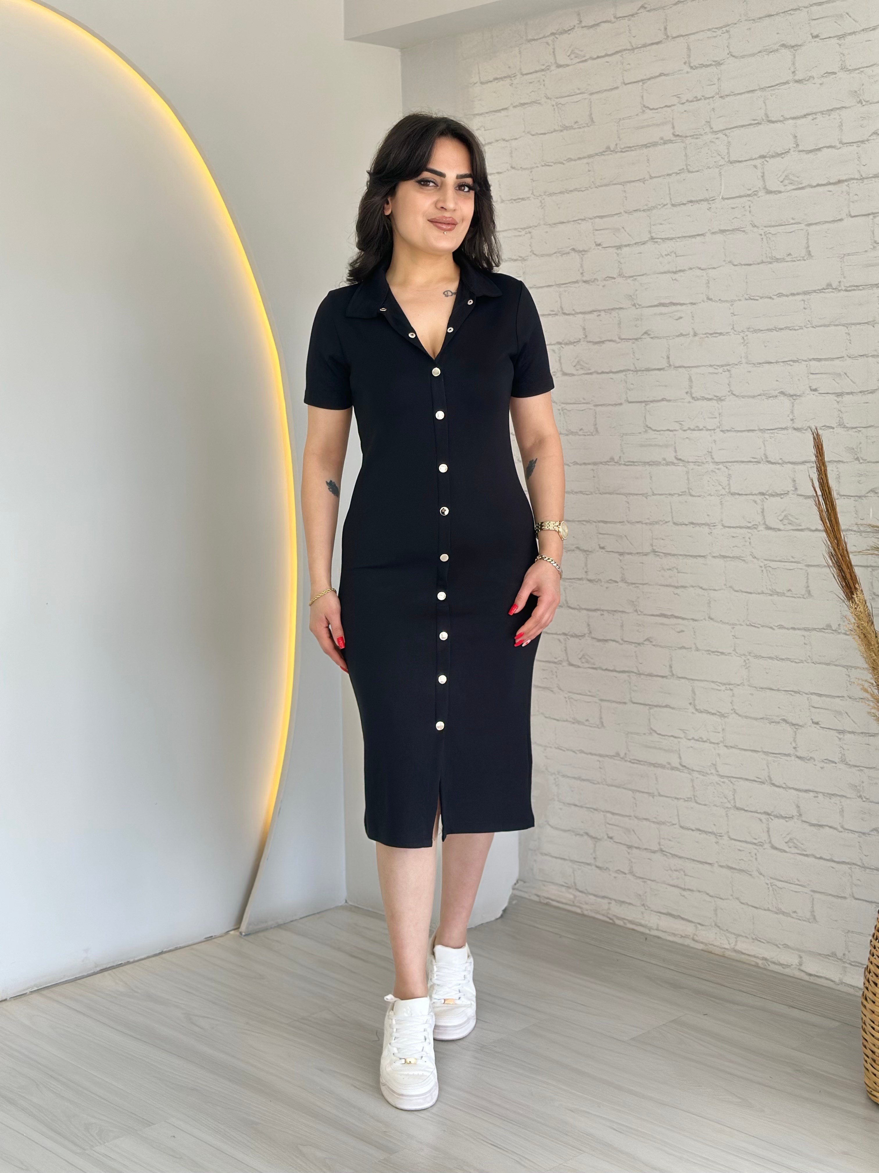 Elya Siyah Polo Yaka Önden Düğme Detaylı Midi Boy Elbise D084