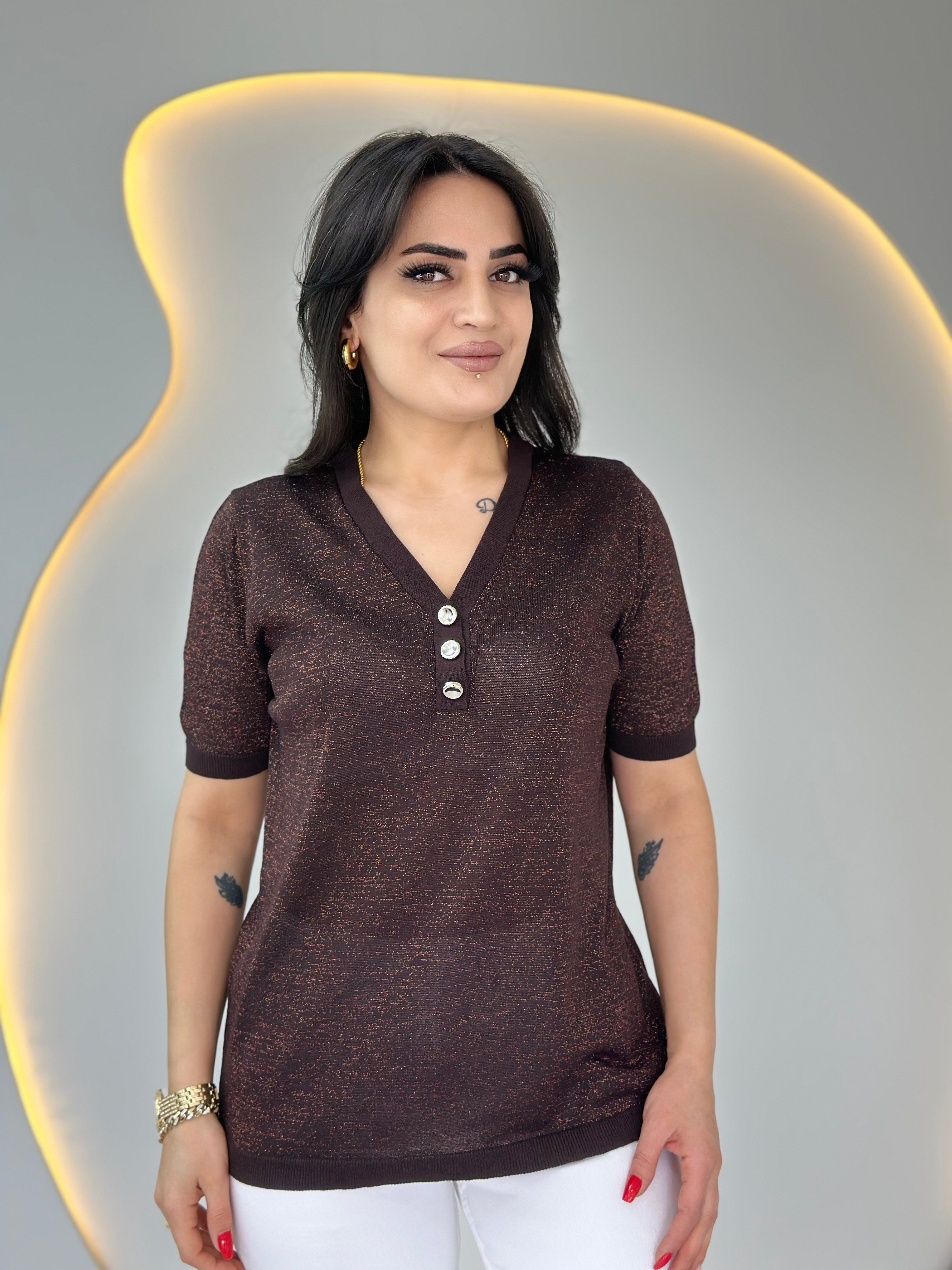 Erga Bakır V Yaka Düğme Detaylı Merserize Tshirt Bluz D087