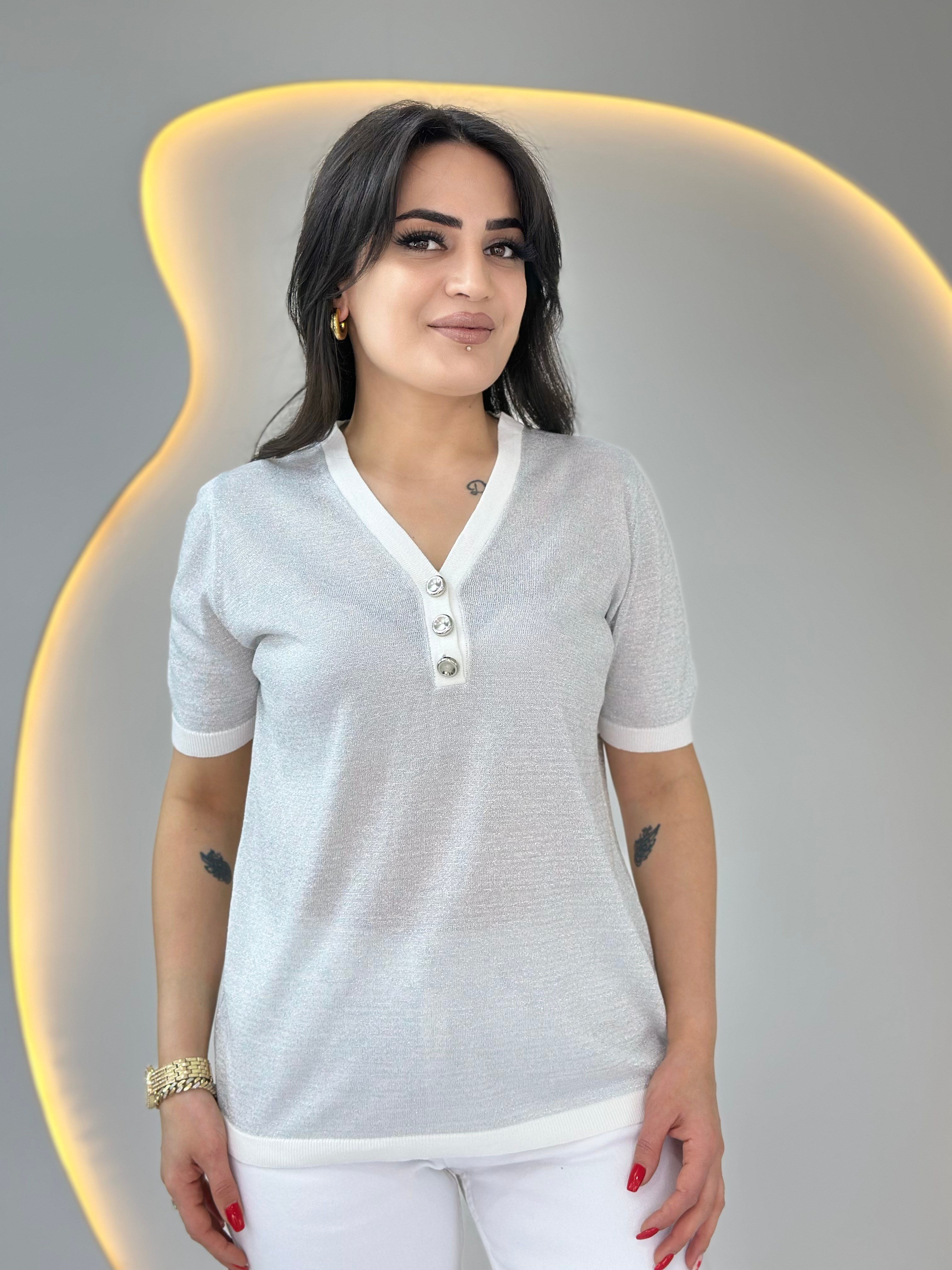 Erga Beyaz V Yaka Düğme Detaylı Merserize Tshirt Bluz D087