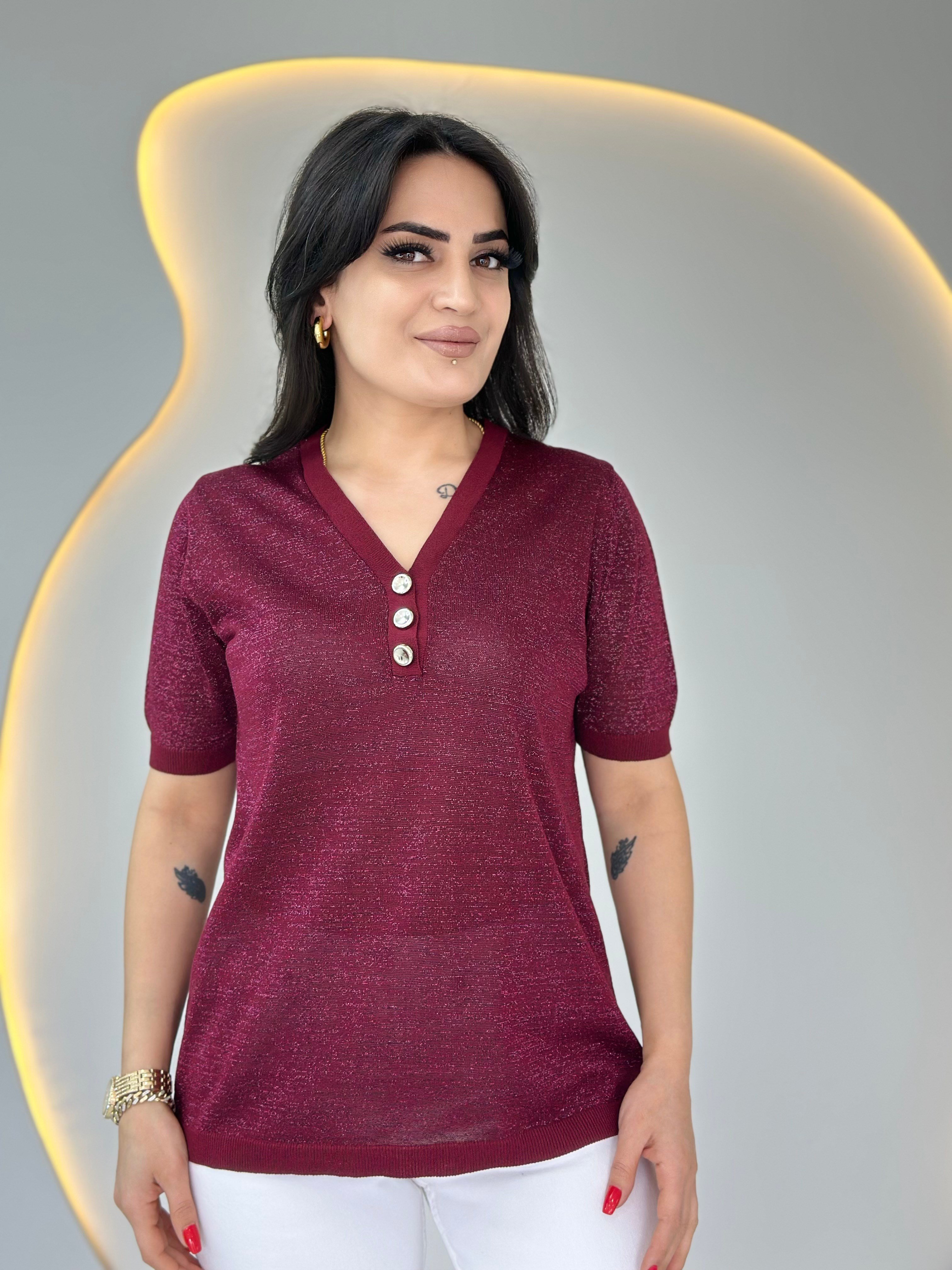 Erga Bordo V Yaka Düğme Detaylı Merserize Tshirt Bluz D087