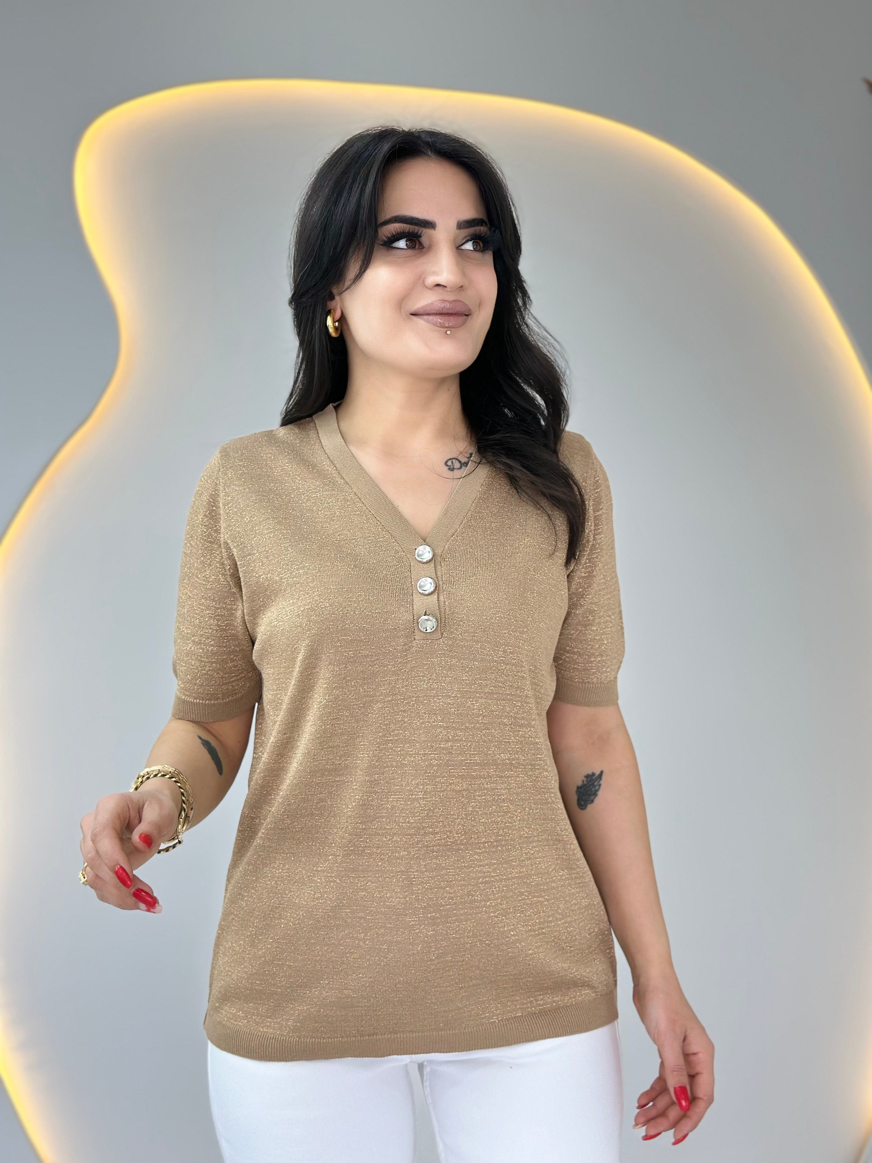 Erga Camel V Yaka Düğme Detaylı Merserize Tshirt Bluz D087