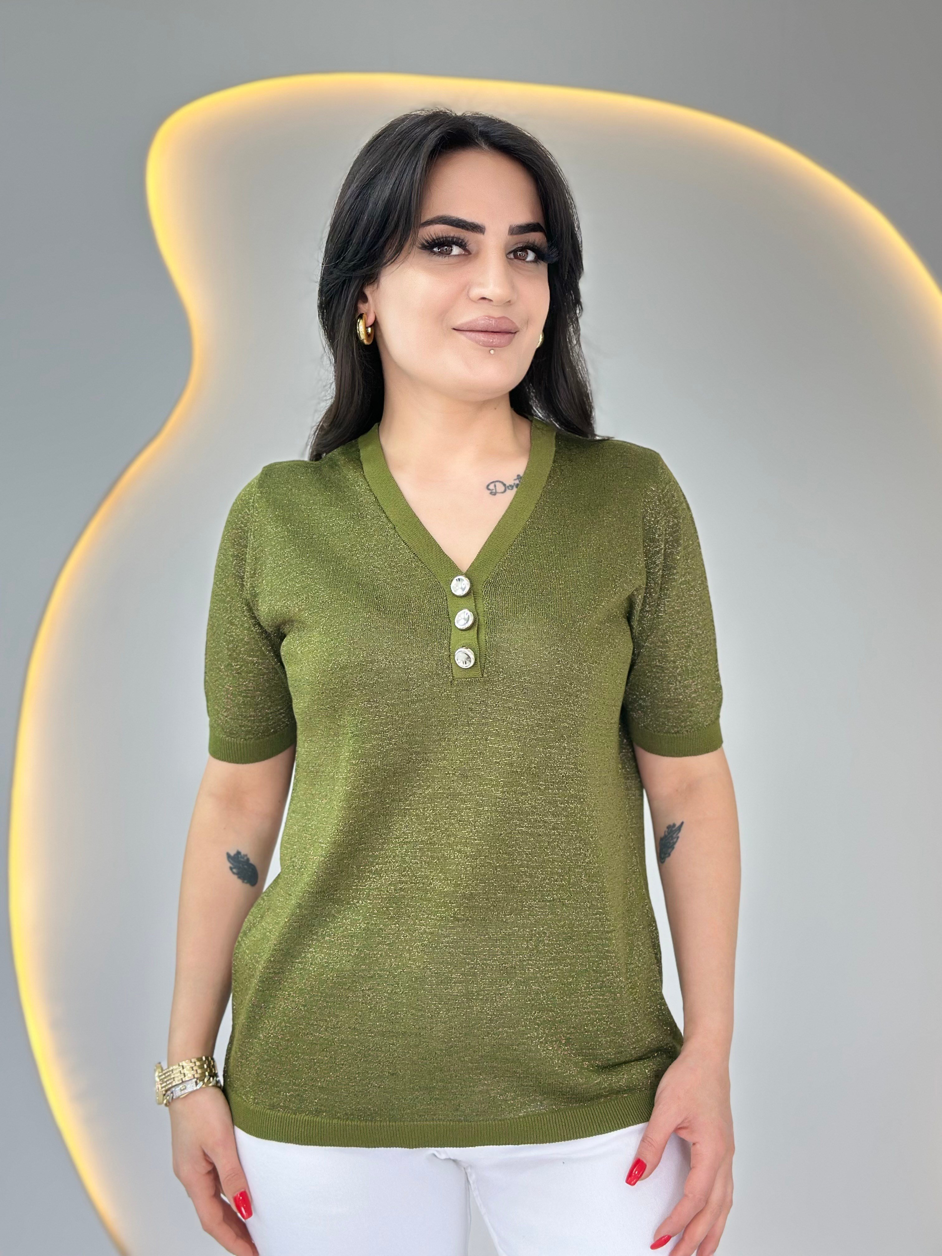 Erga Haki V Yaka Düğme Detaylı Merserize Tshirt Bluz D087