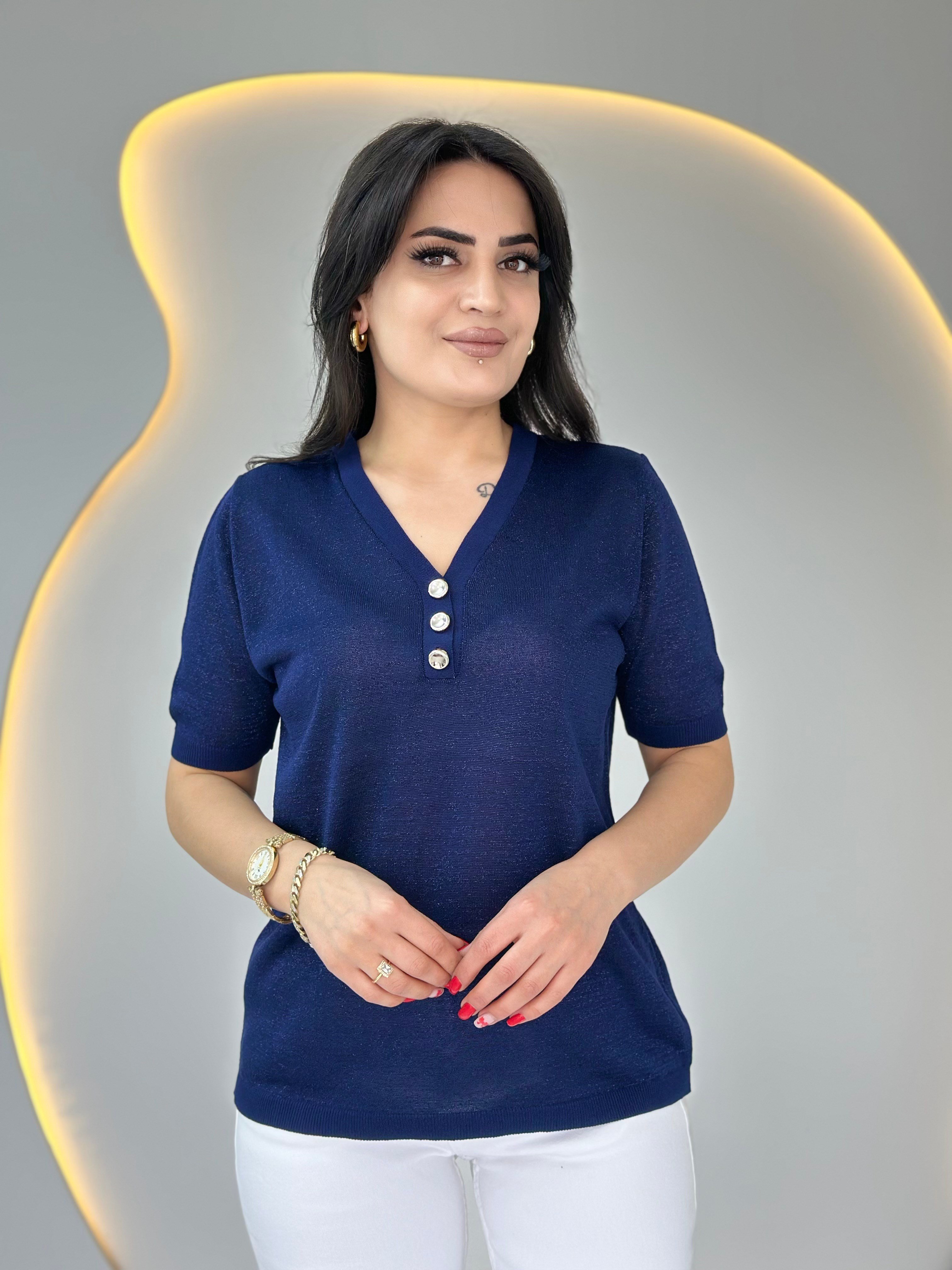 Erga Lacivert V Yaka Düğme Detaylı Merserize Tshirt Bluz D087