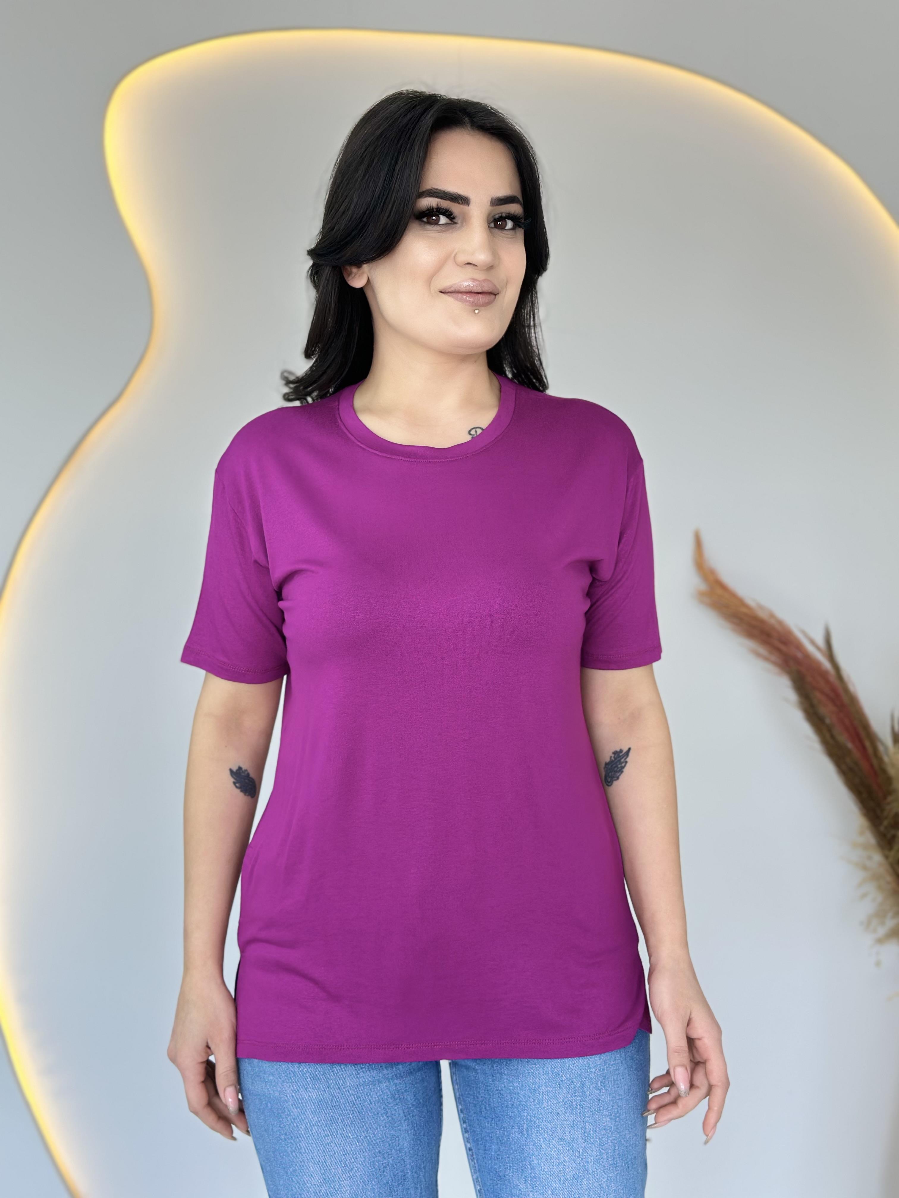 Evel Fuşya Bisiklet Yaka Yırtmaçlı Viskon T-shirt D044