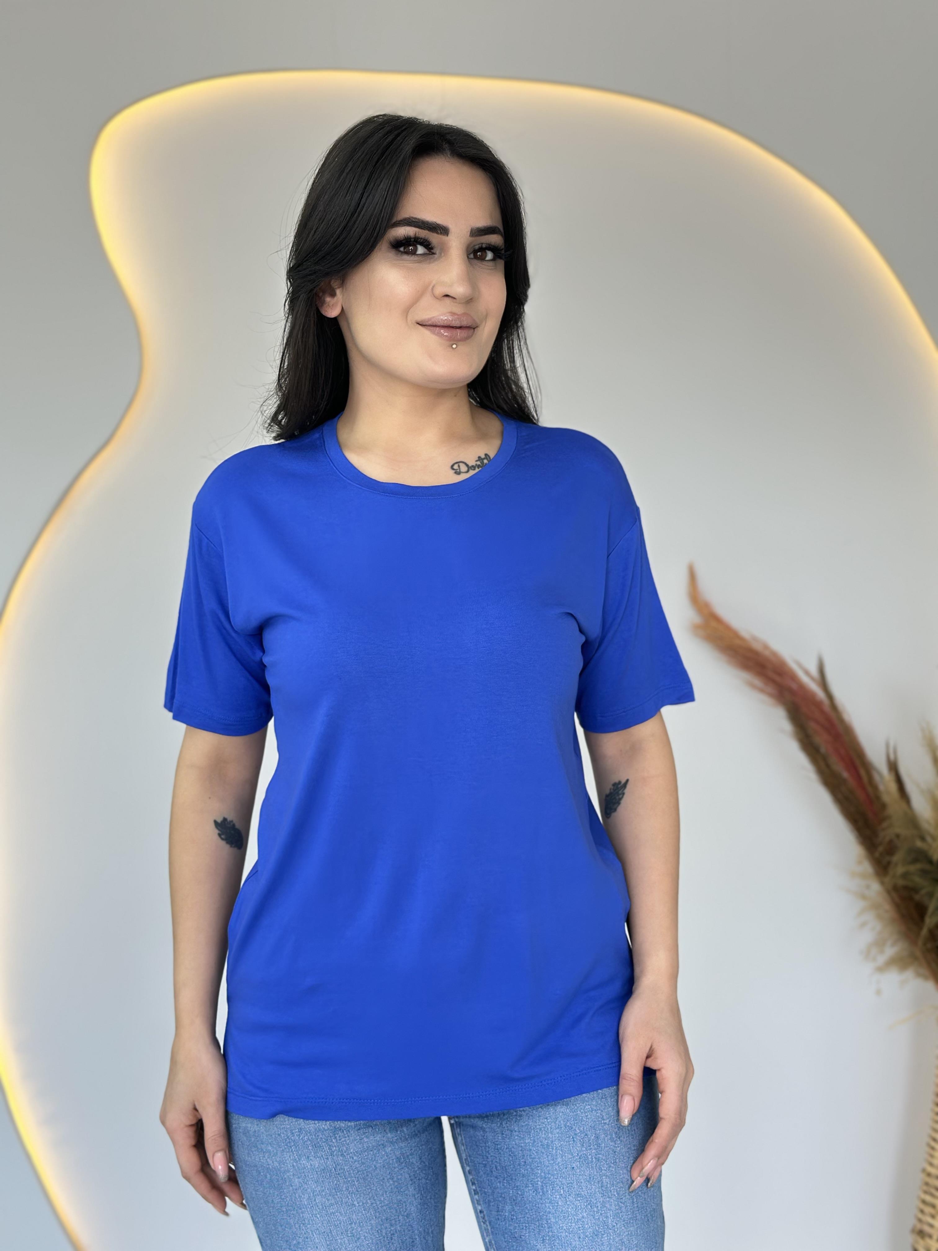 Evel Saks Mavi Bisiklet Yaka Yırtmaçlı Viskon T-shirt D044