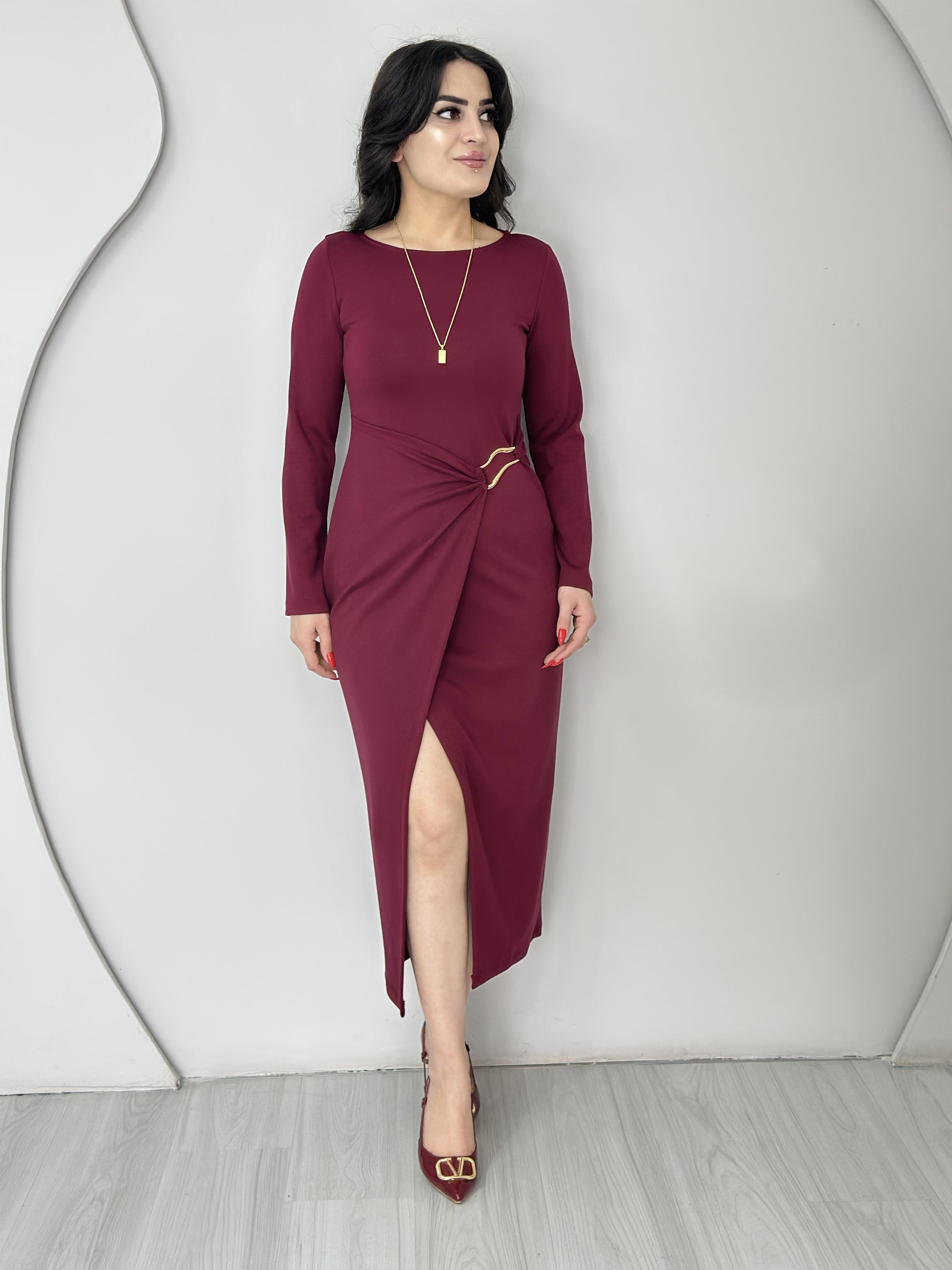 Falya Bordo Bisiklet Yaka Gold Tokalı Modal Kumaş Anvelop Elbise D9999