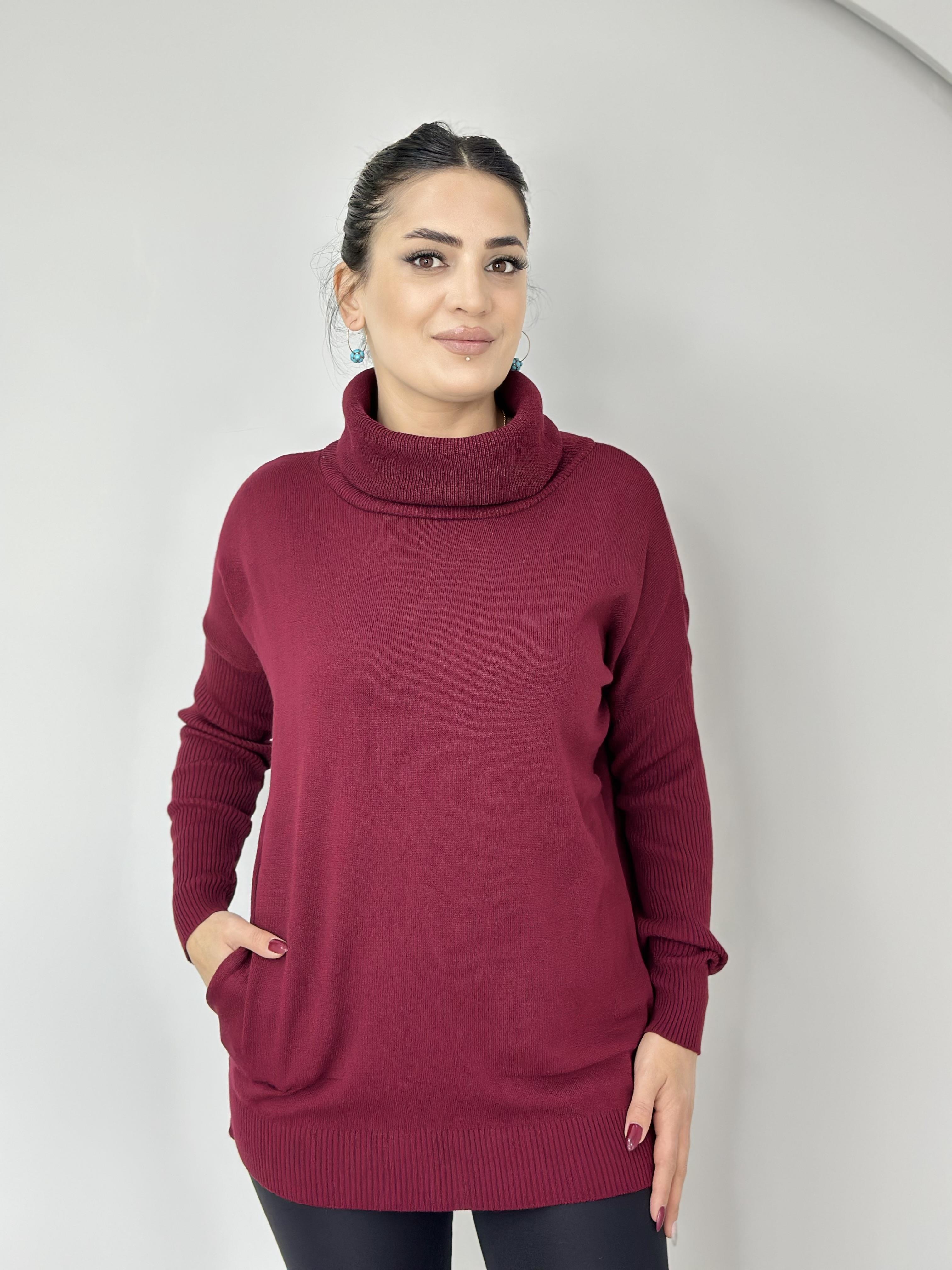 Fanny Bordo Balıkçı Yaka Cepli Selanik Triko Kazak 
