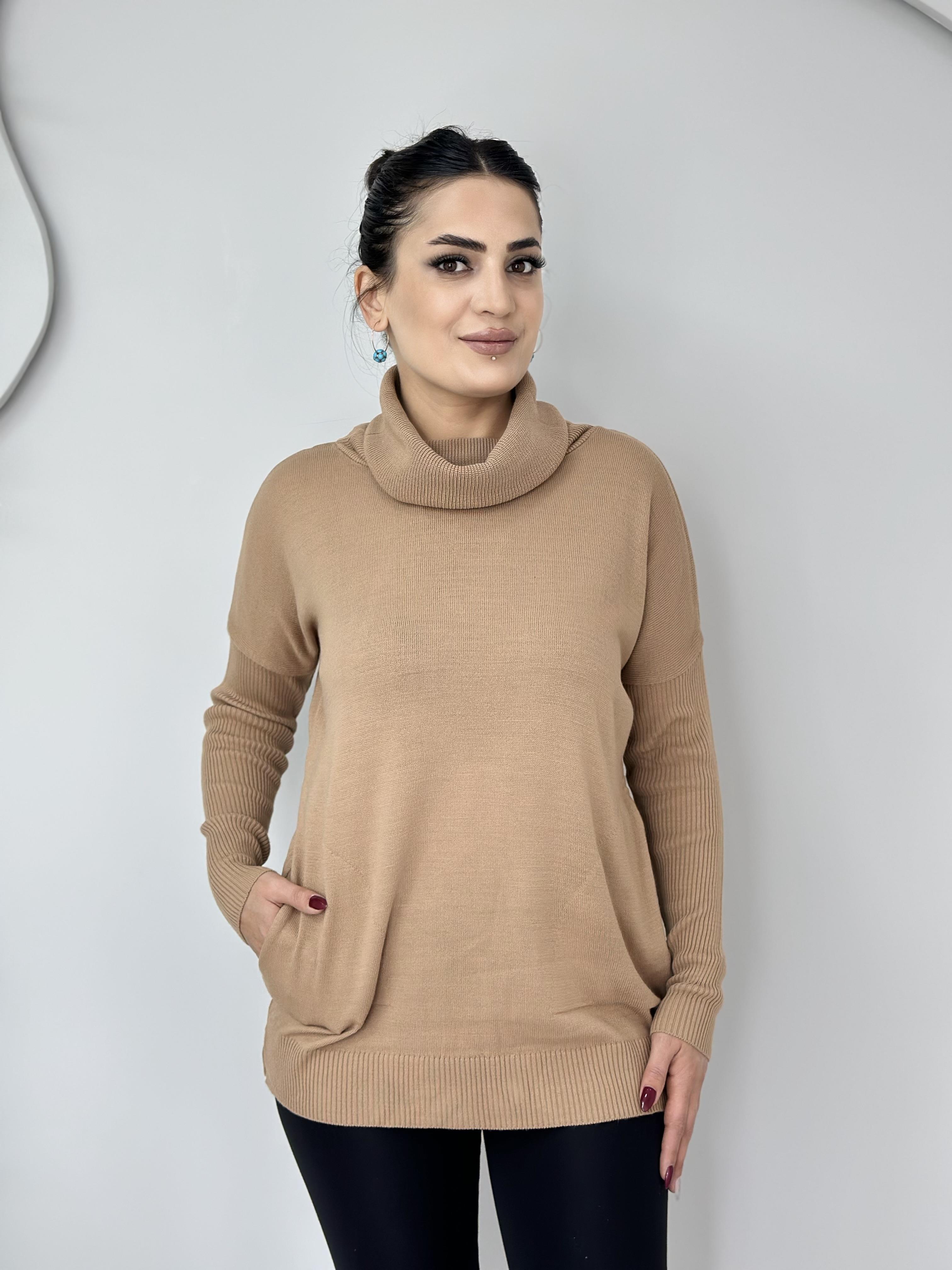 Fanny Camel Balıkçı Yaka Cepli Selanik Triko Kazak A910