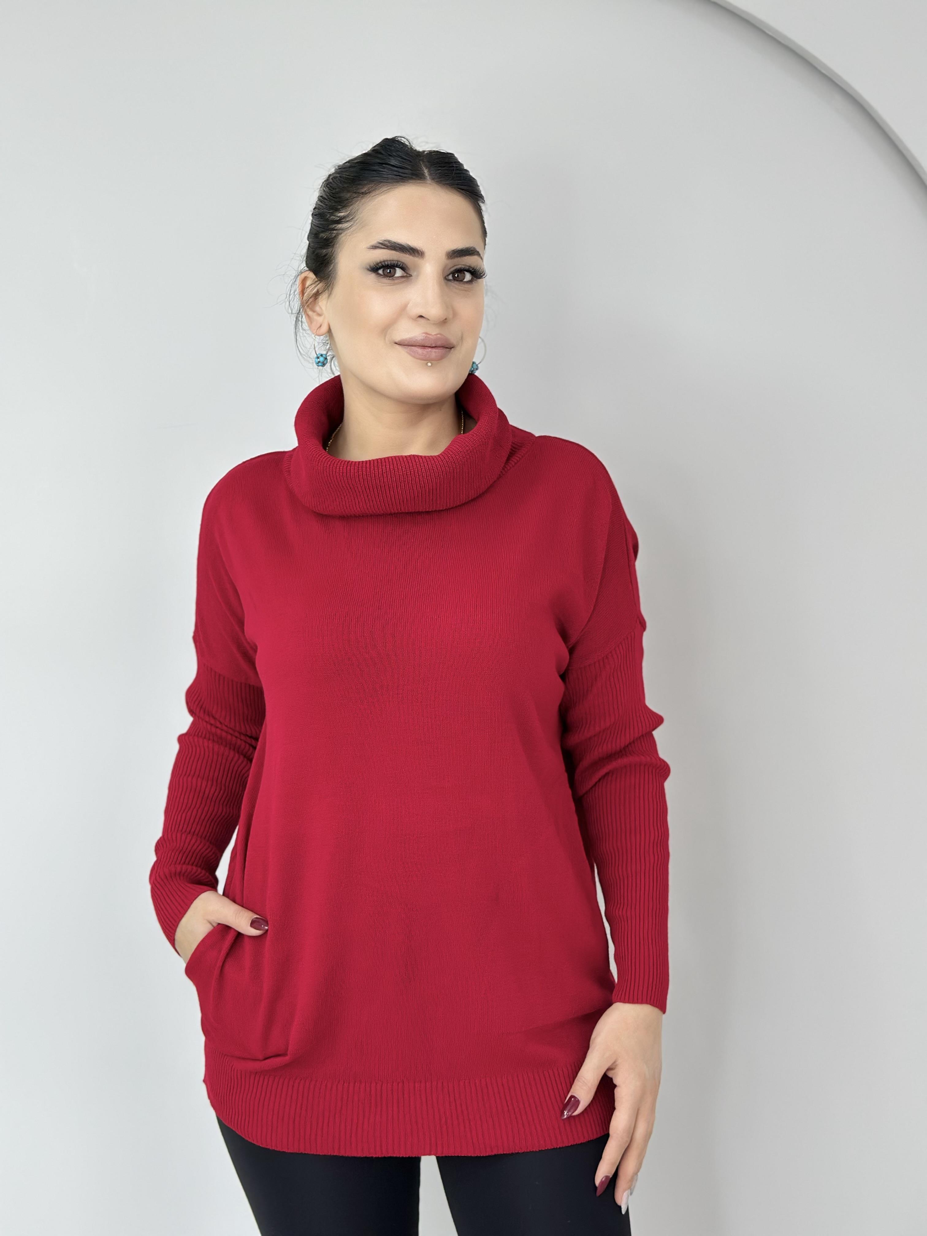 Fanny Kırmızı Balıkçı Yaka Cepli Selanik Triko Kazak A915