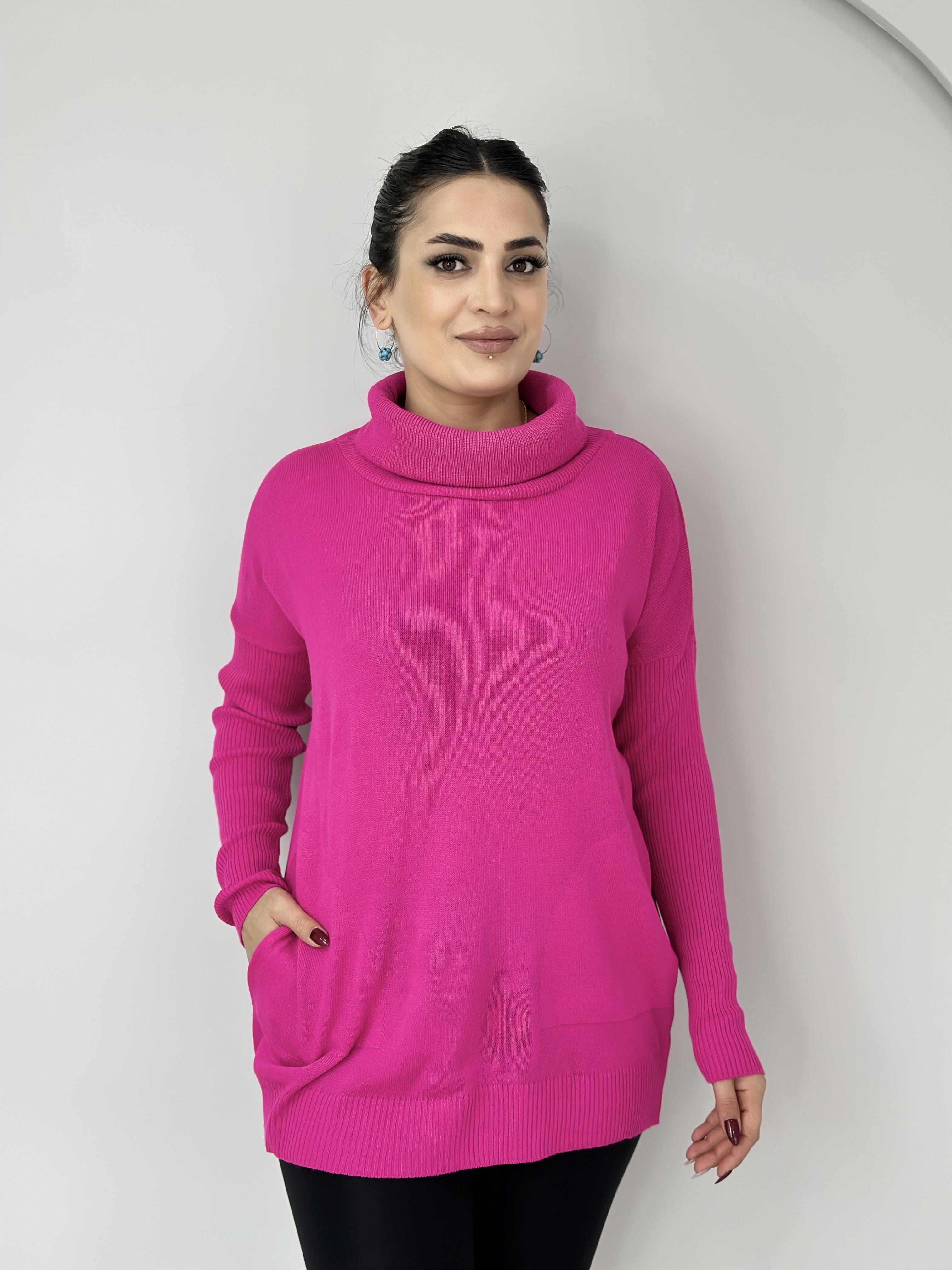 Fanny Pembe Mavi Balıkçı Yaka Cepli Selanik Triko Kazak A906