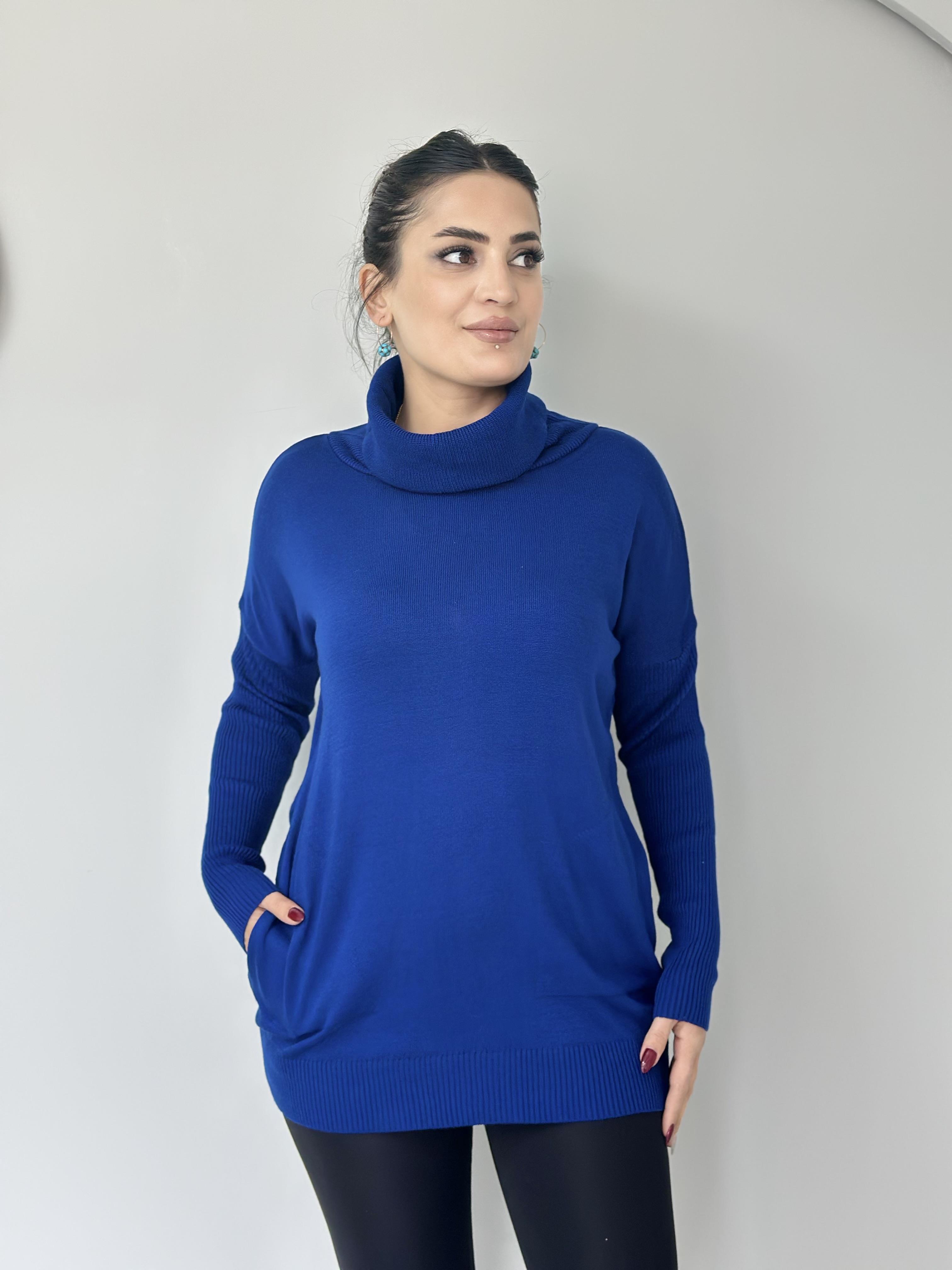 Fanny Saks Mavi Balıkçı Yaka Cepli Selanik Triko Kazak A903