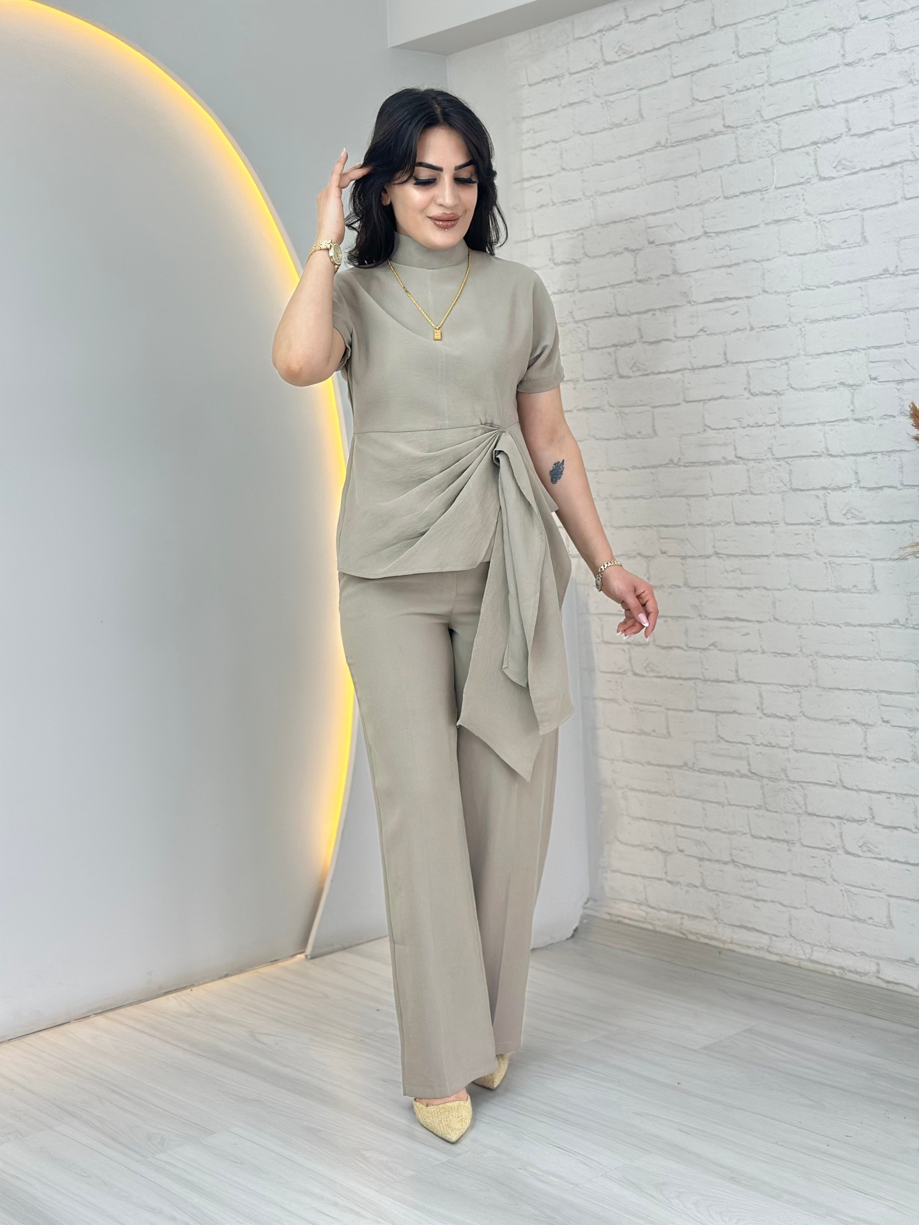 Fazza Vizon Düğümlü Kısa Kol Bluz Pantolon Takım D118