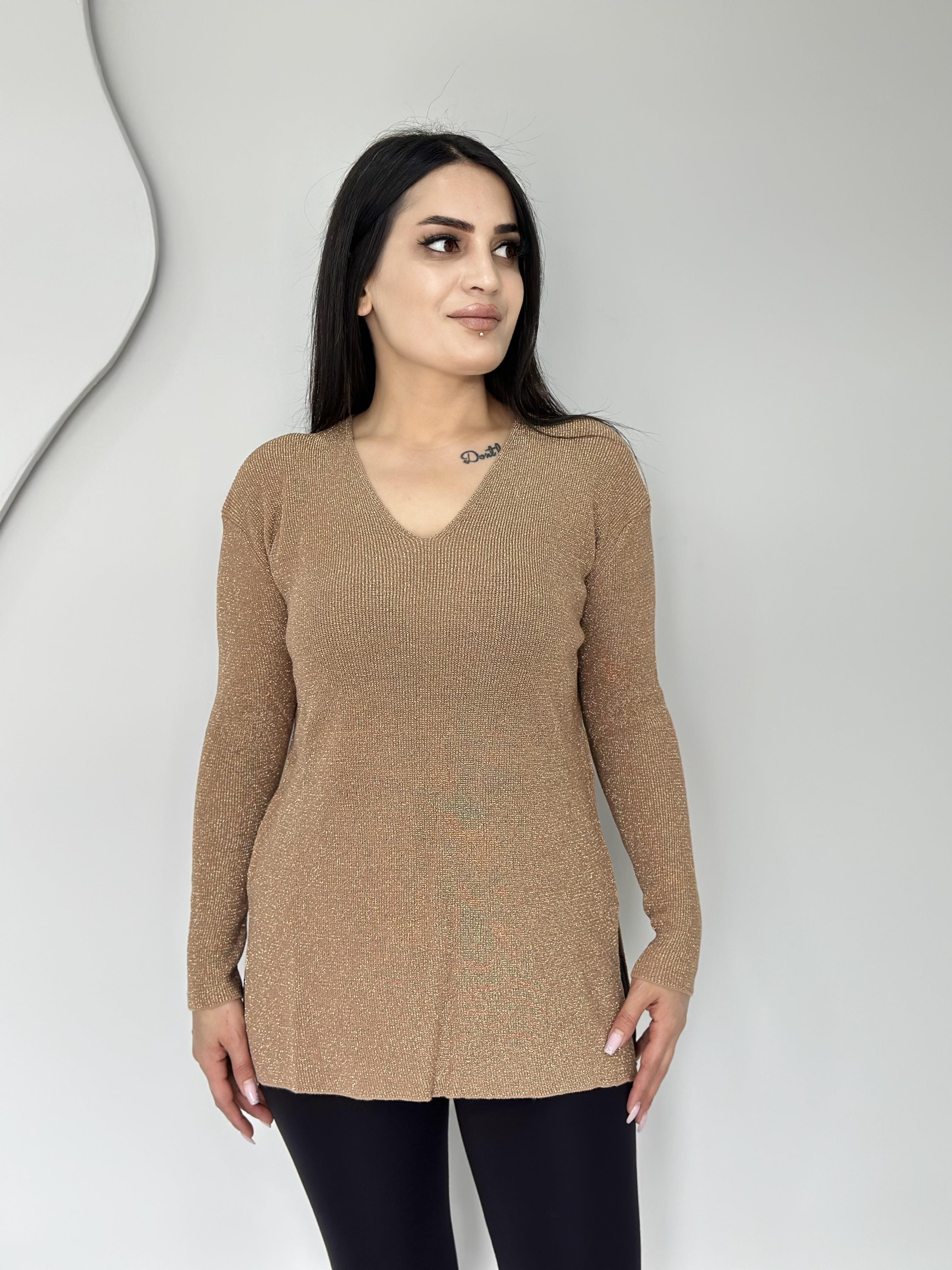 Felix Camel V Yaka Simli Yırtmaç Detay Likralı Triko Bluz A105