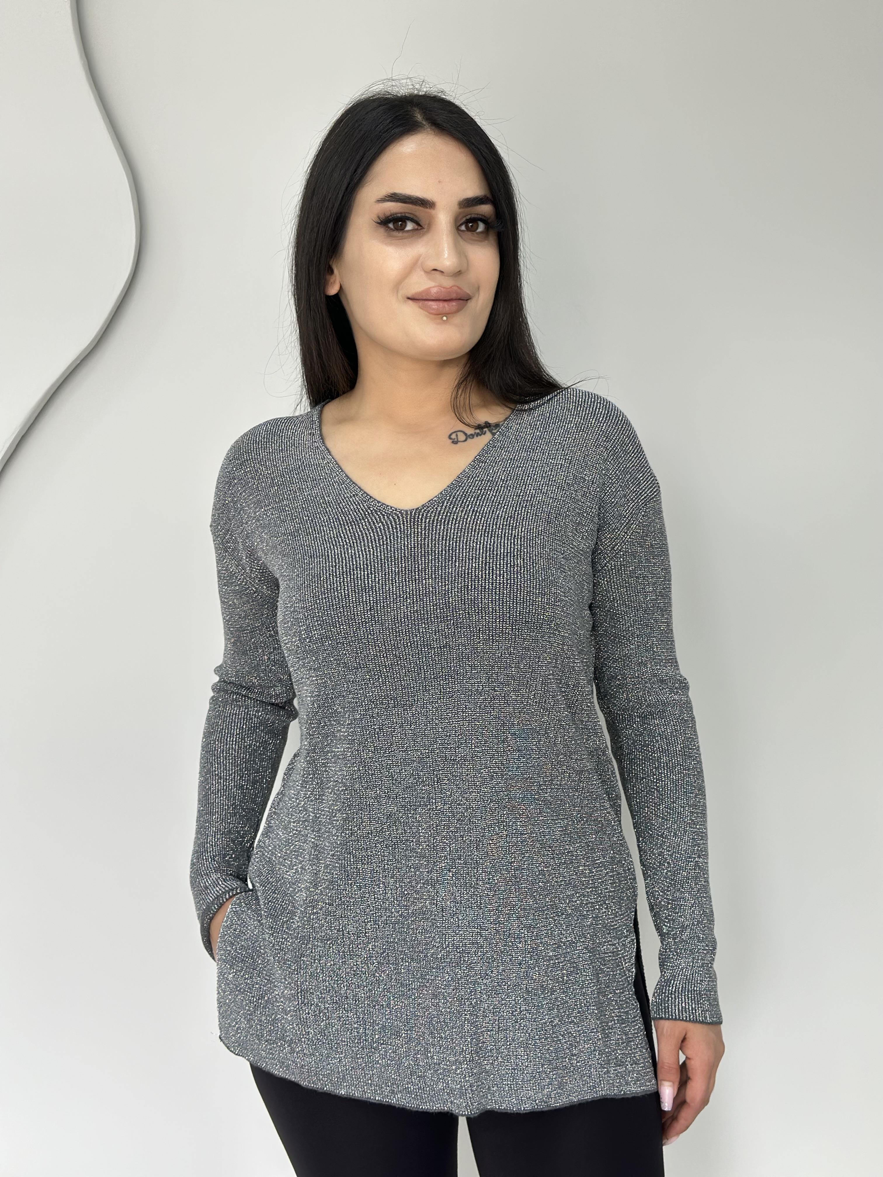 Felix Gümüş V Yaka Simli Yırtmaç Detay Likralı Triko Bluz A107