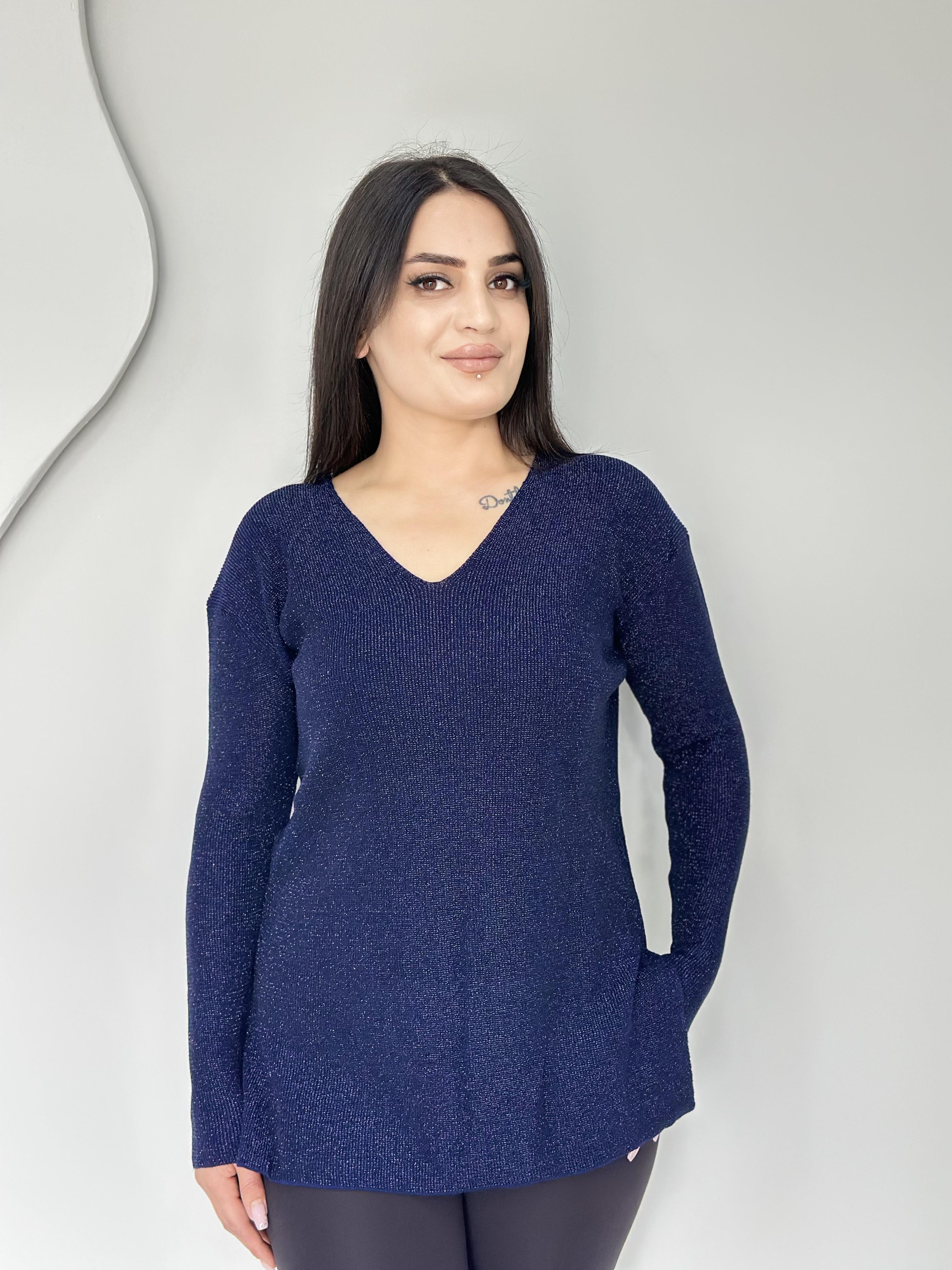 Felix Lacivert V Yaka Simli Yırtmaç Detay Likralı Triko Bluz A106