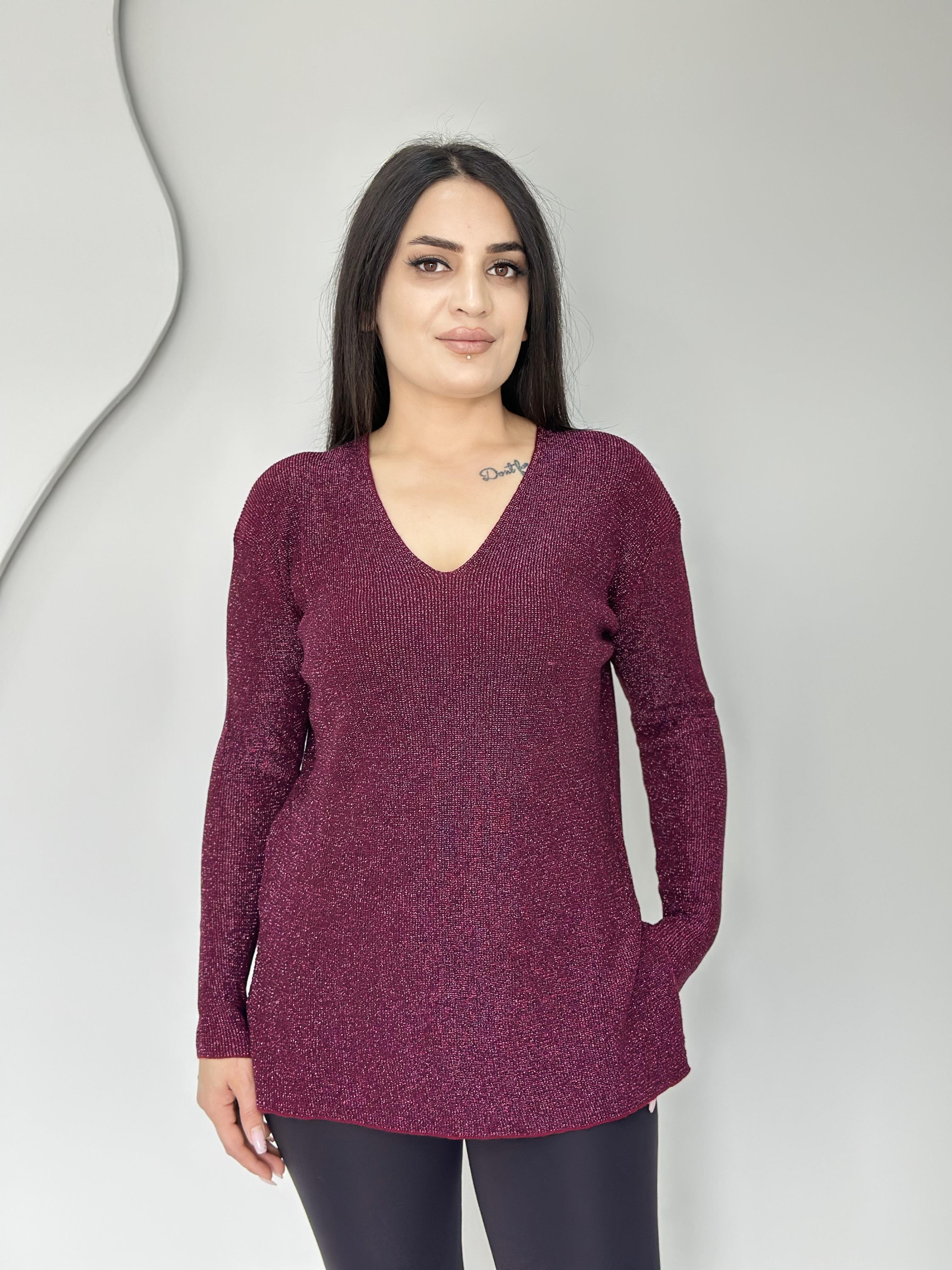 Felix Mürdüm V Yaka Simli Yırtmaç Detay Likralı Triko Bluz A108