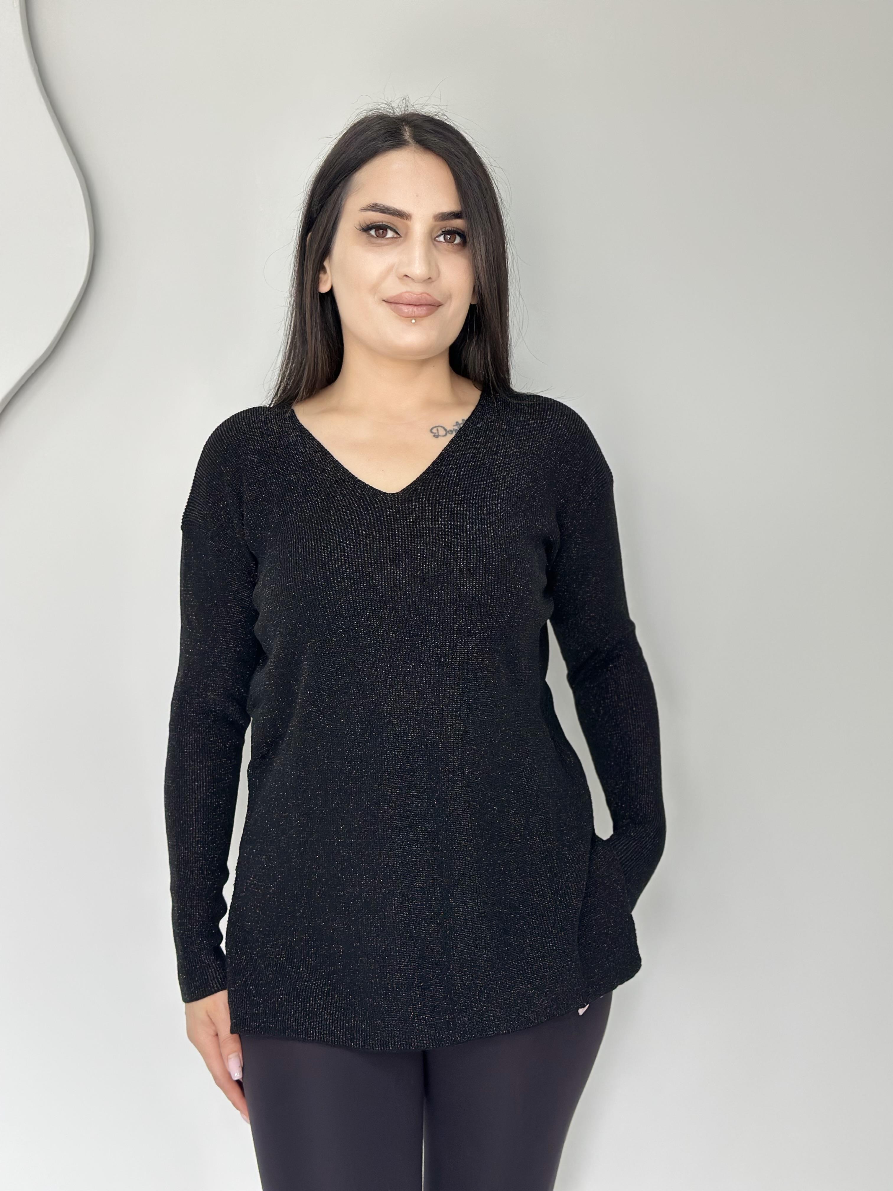 Felix Siyah V Yaka Simli Yırtmaç Detay Likralı Triko Bluz A109