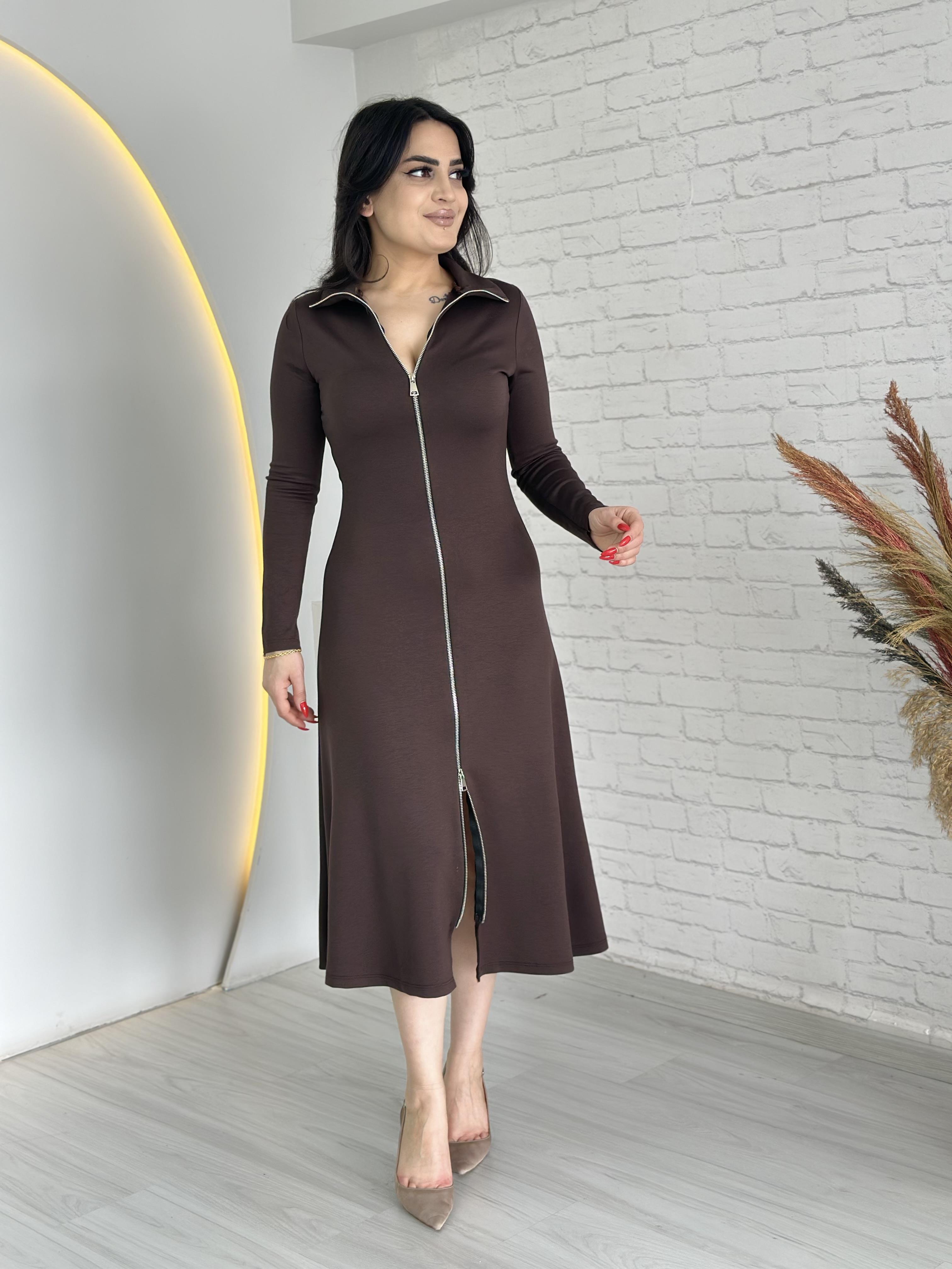 Feni Kahve Çift Fermuarlı Midi Boy Elbise D006