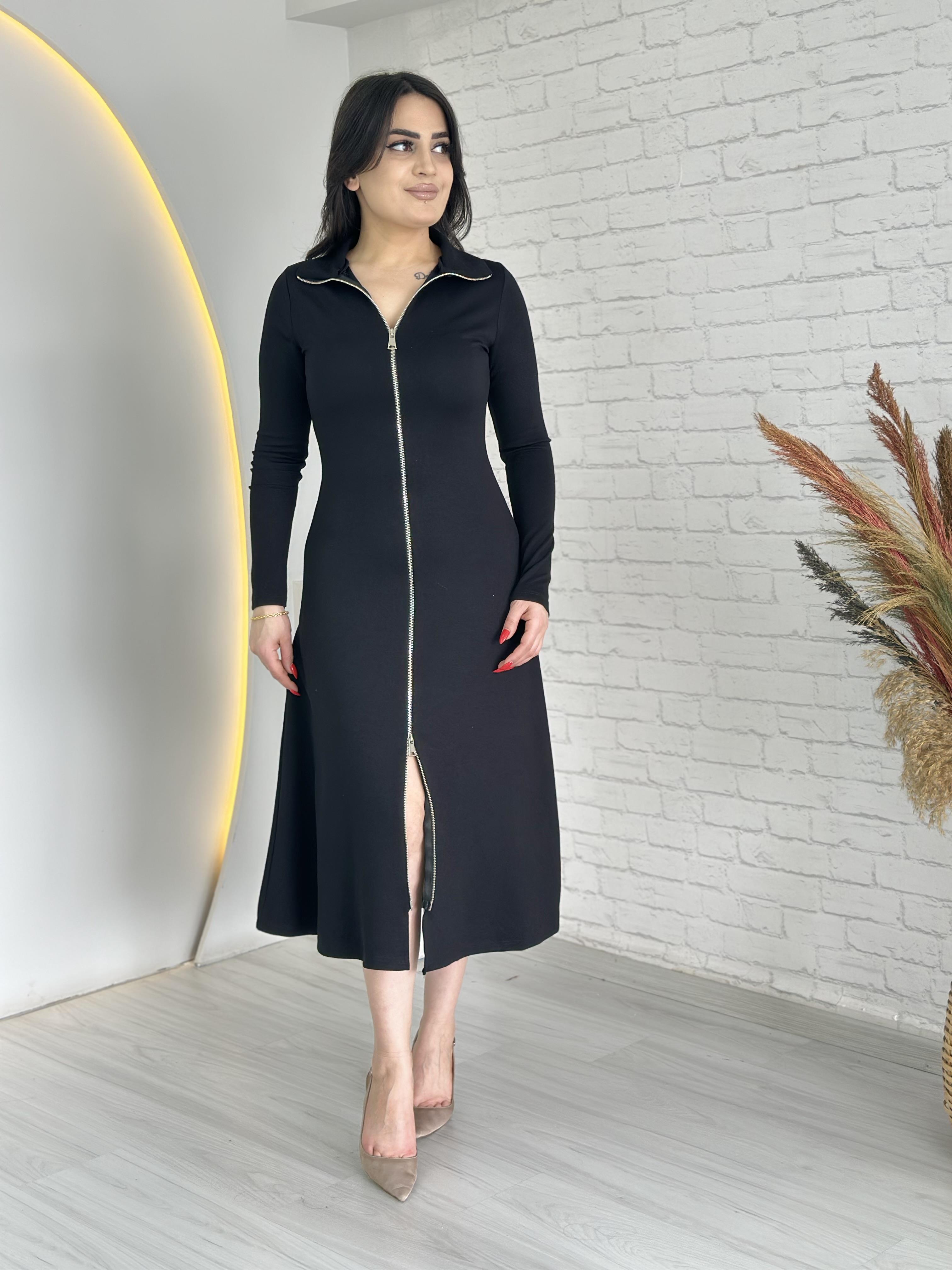 Feni Siyah Çift Fermuarlı Midi Boy Elbise D006