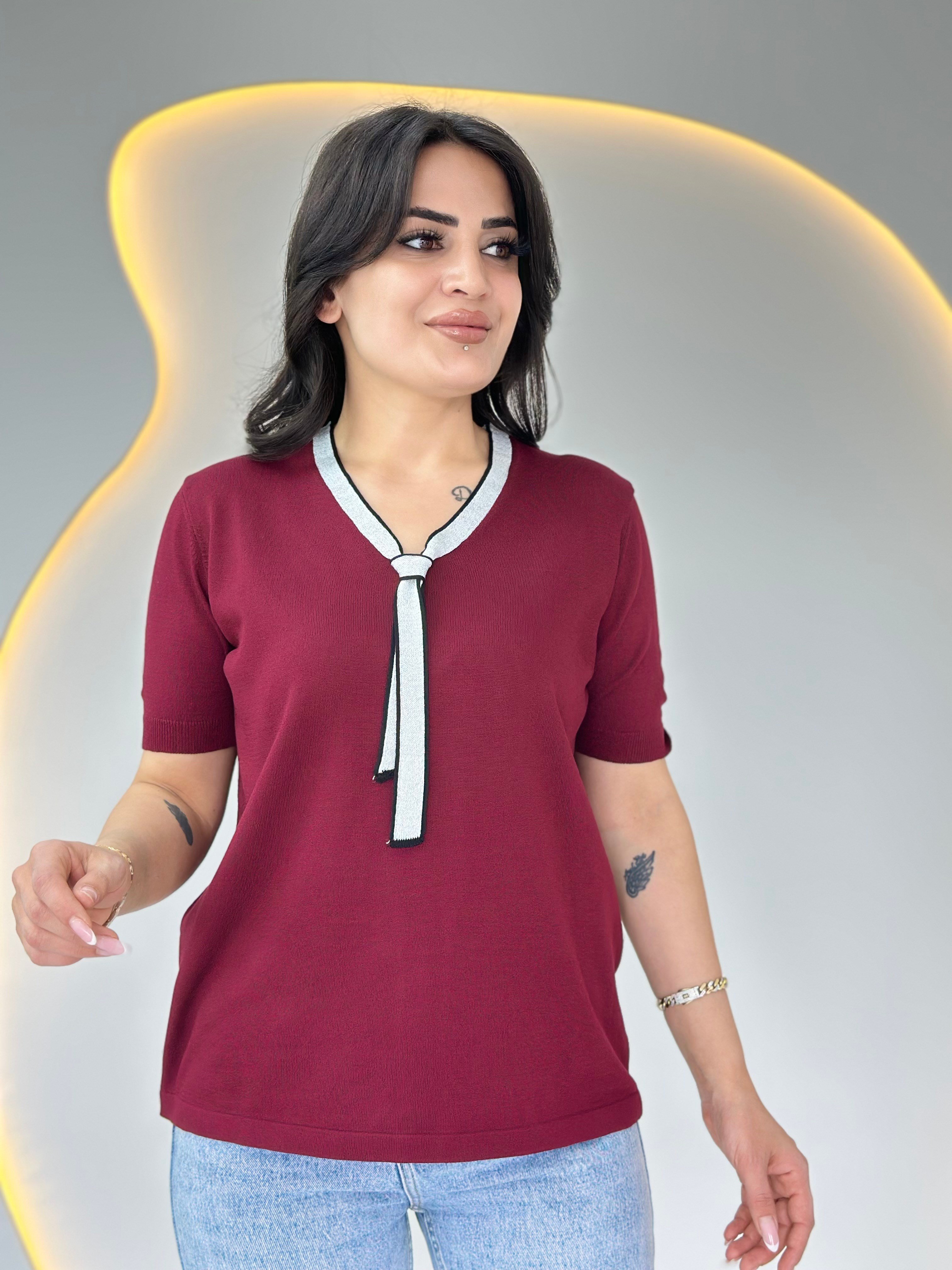 Figo Bordo V Yaka İnce Fular Detaylı Merserize Bluz D130