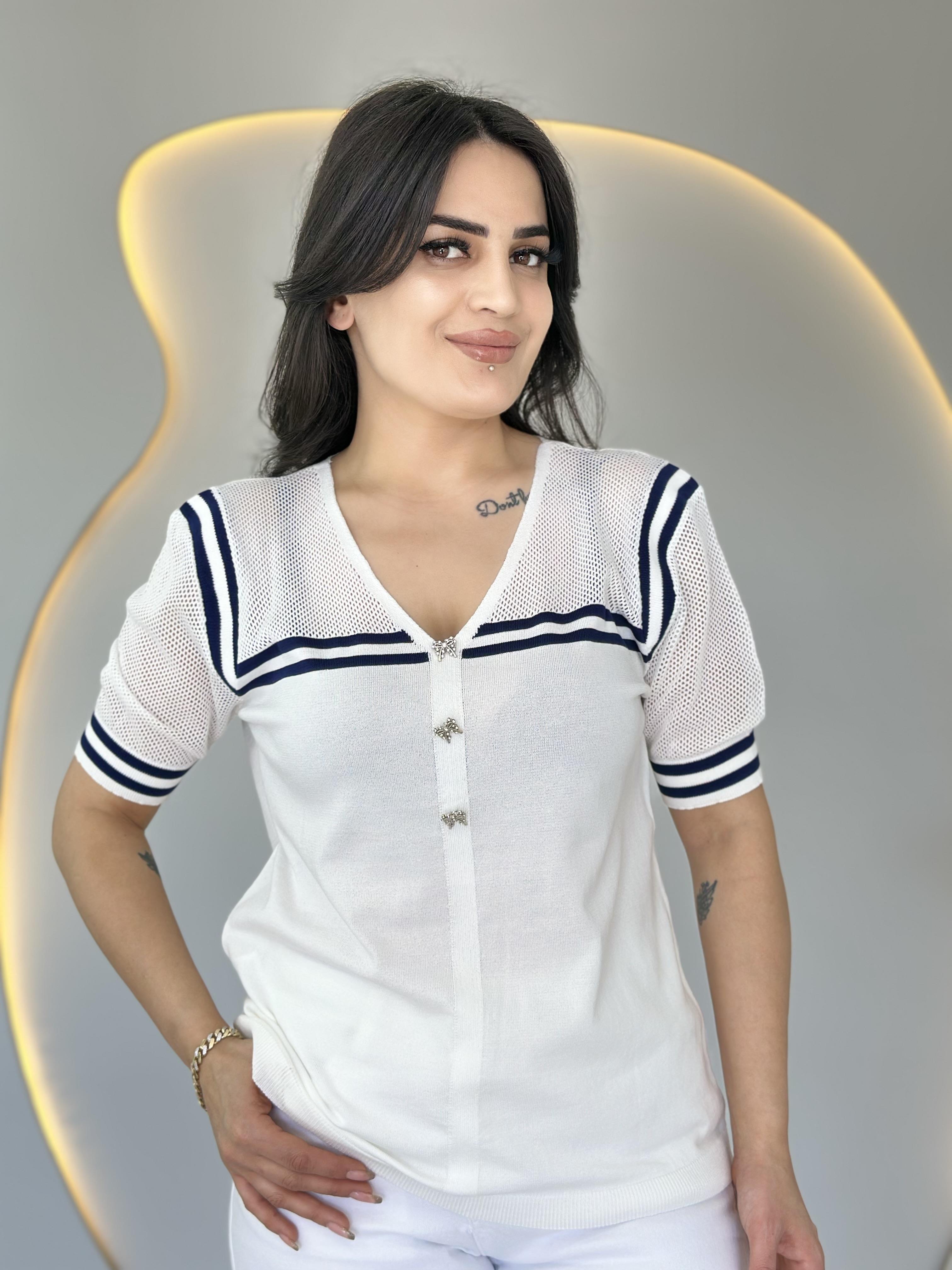 File Beyaz V Yaka Denizci Model Çelik Merserize Bluz D020