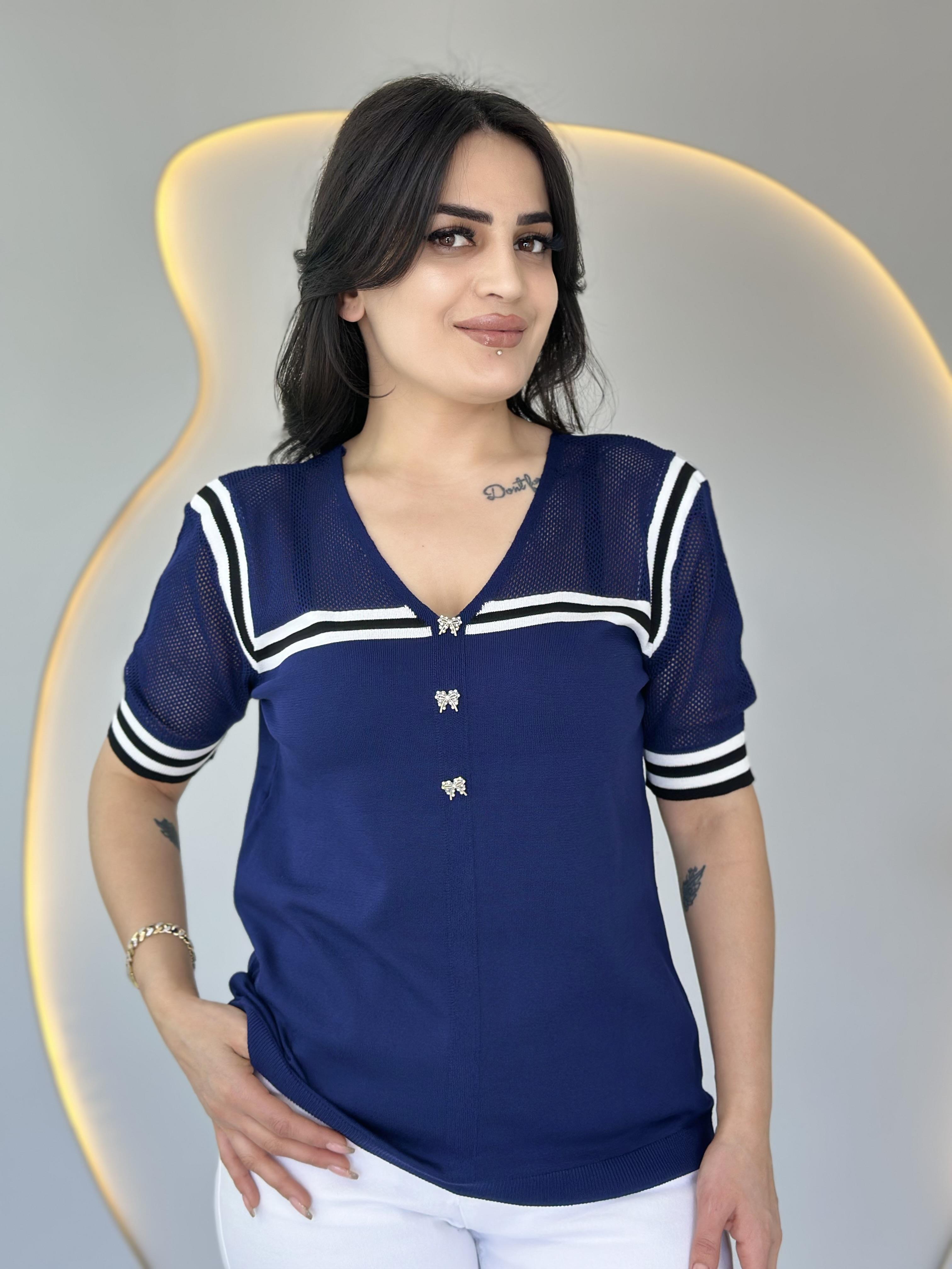 File Lacivert V Yaka Denizci Model Çelik Merserize Bluz D020