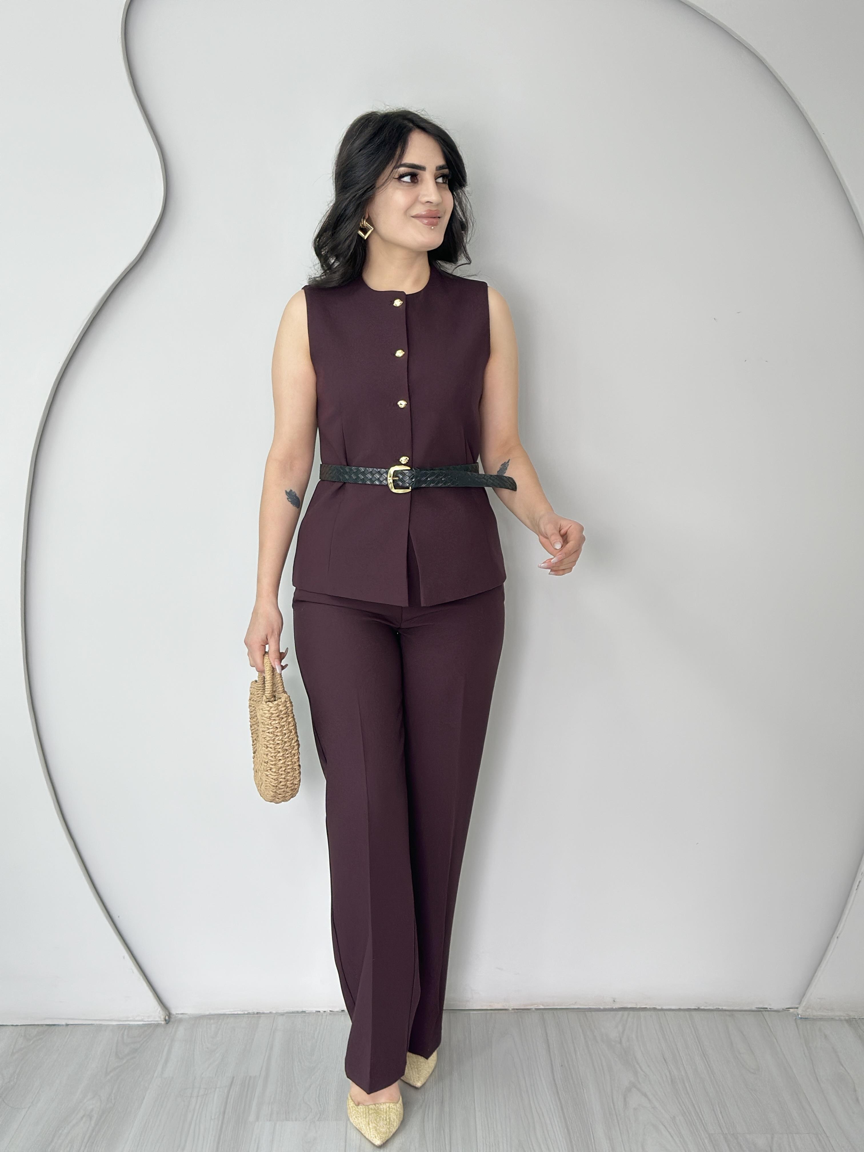 Filori Mürdüm Gold Düğmeli Kemerli Yelek Pantolon Takım c6660