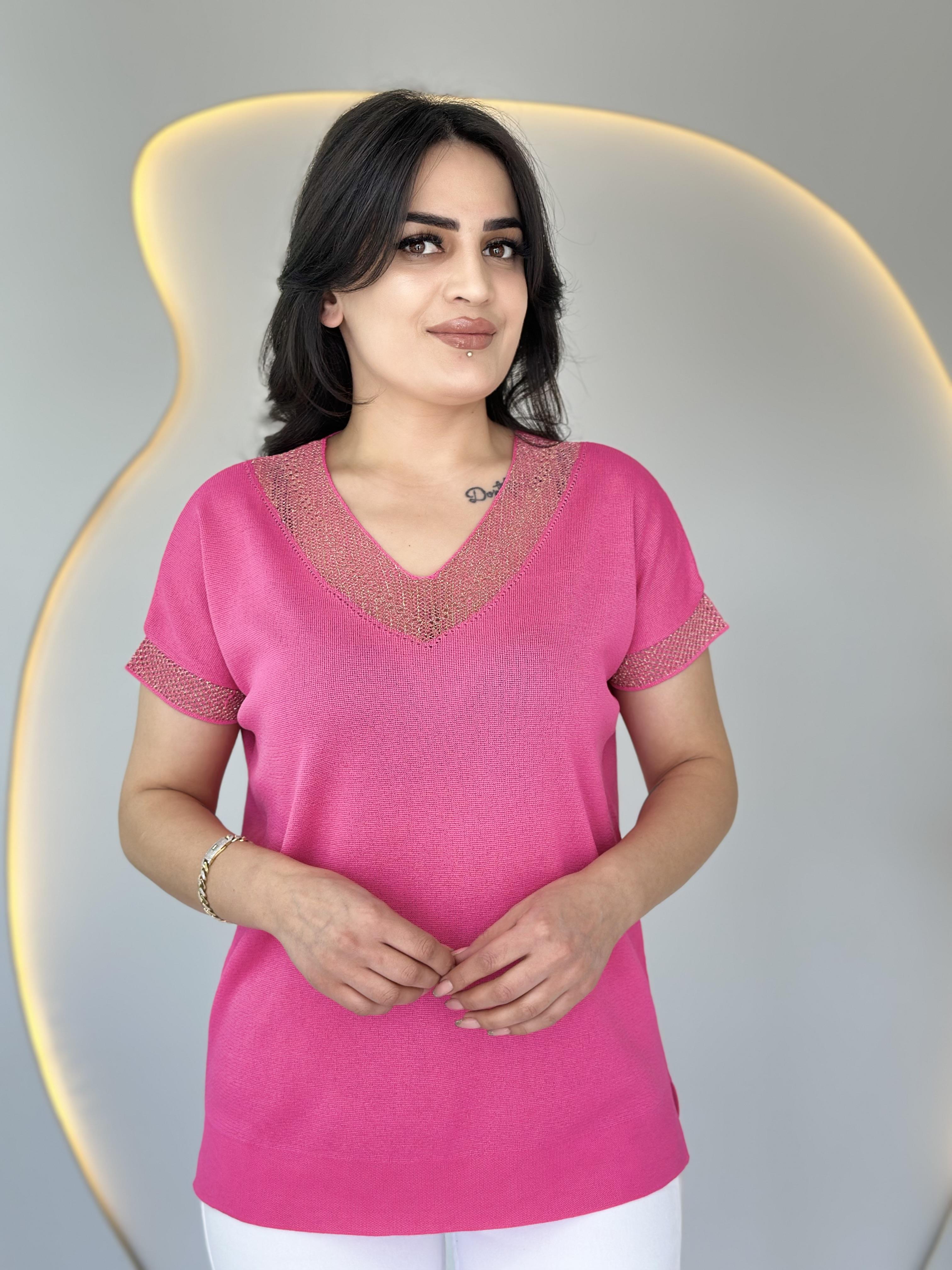 Fione Pembe V Yaka Sim İşlemeli Merserize Bluz D016