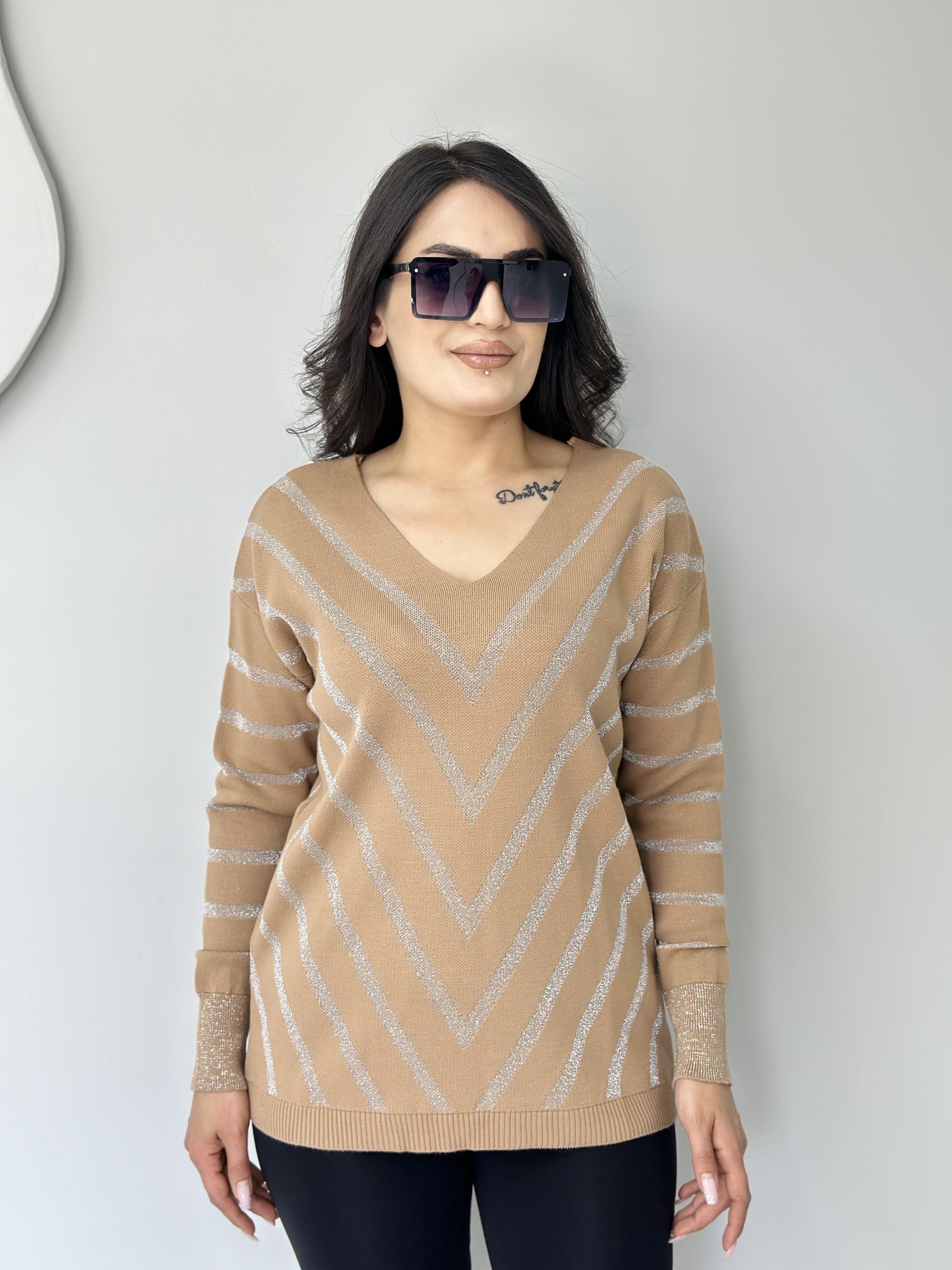 Flok Camel Simli V Yaka Simli Şeritli Triko Kazak A315