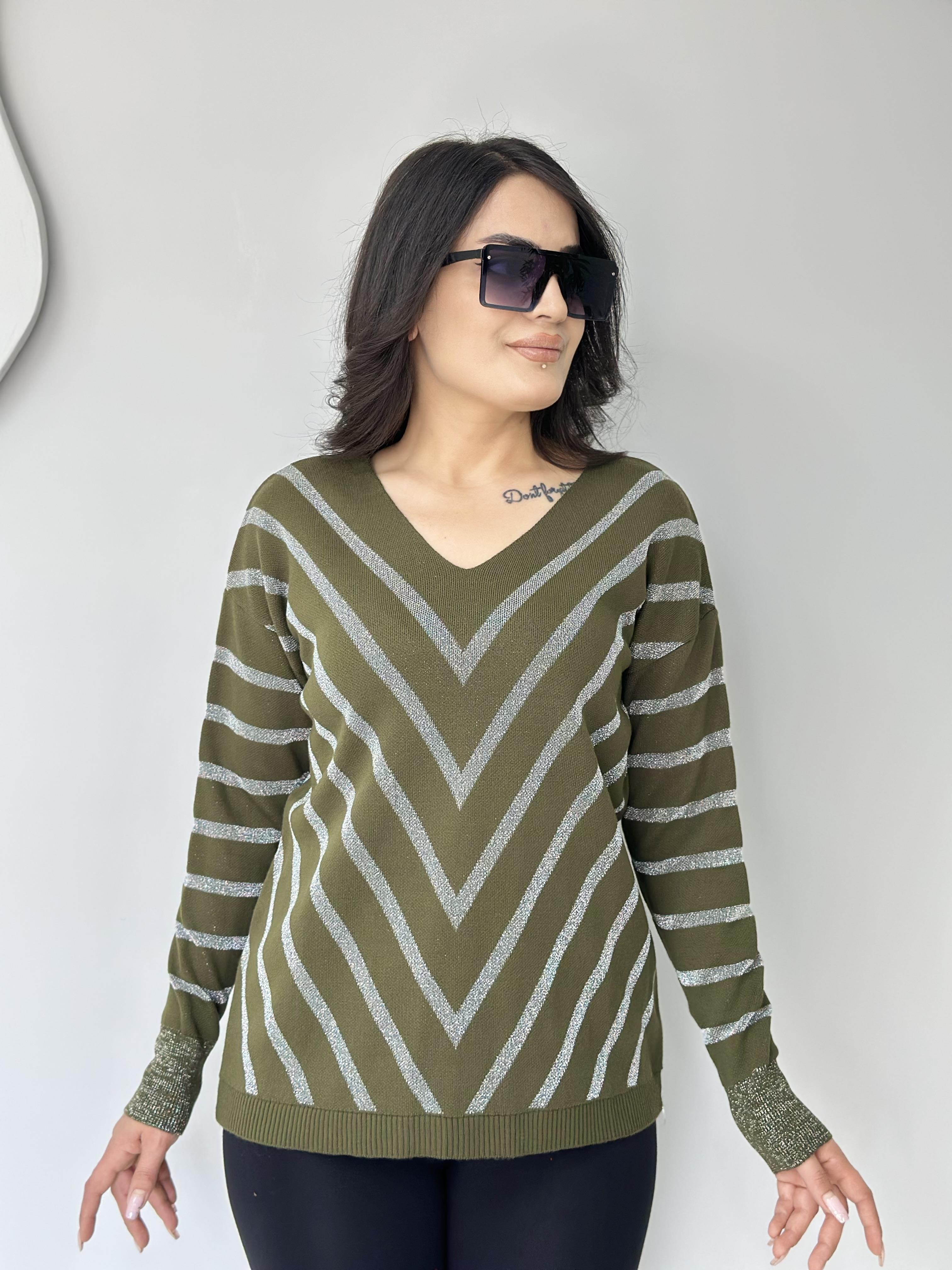 Flok Haki V Yaka Simli Şeritli Triko Kazak A311