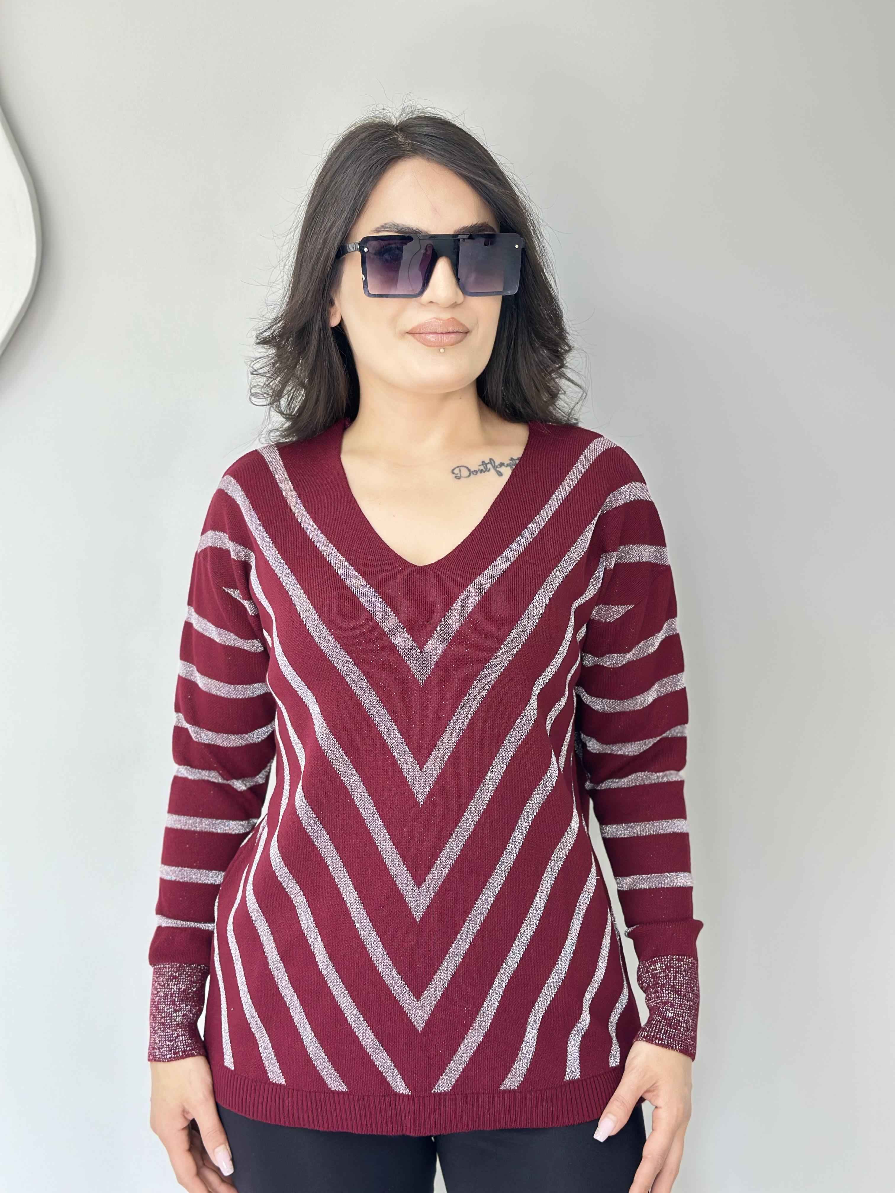 Flok Vişneçürüğü Simli V Yaka Simli Şeritli Triko Kazak A318