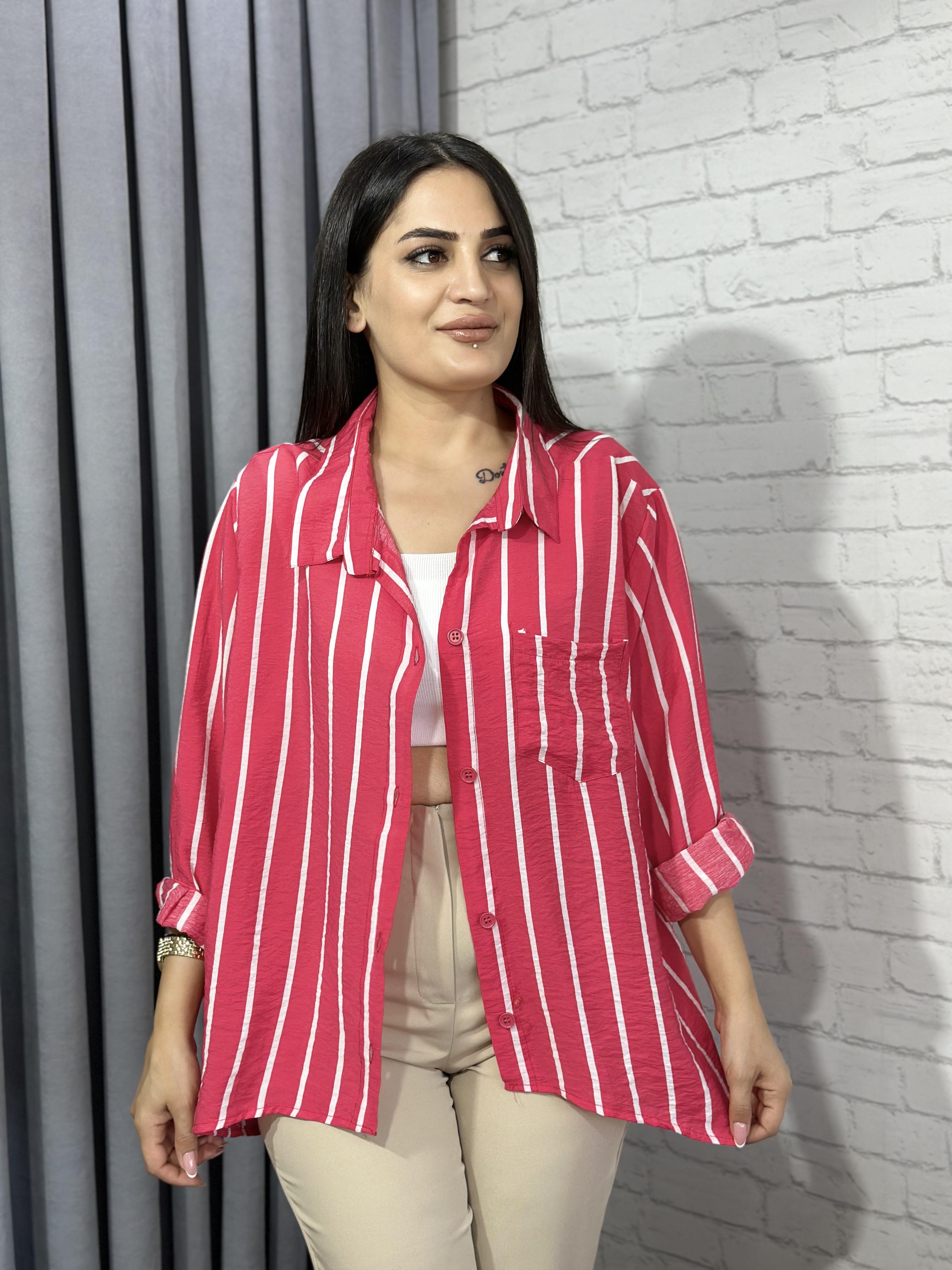 Fuşya Beyaz  Cepli Bambu Pamuk Kumaş Oversize Gömlek