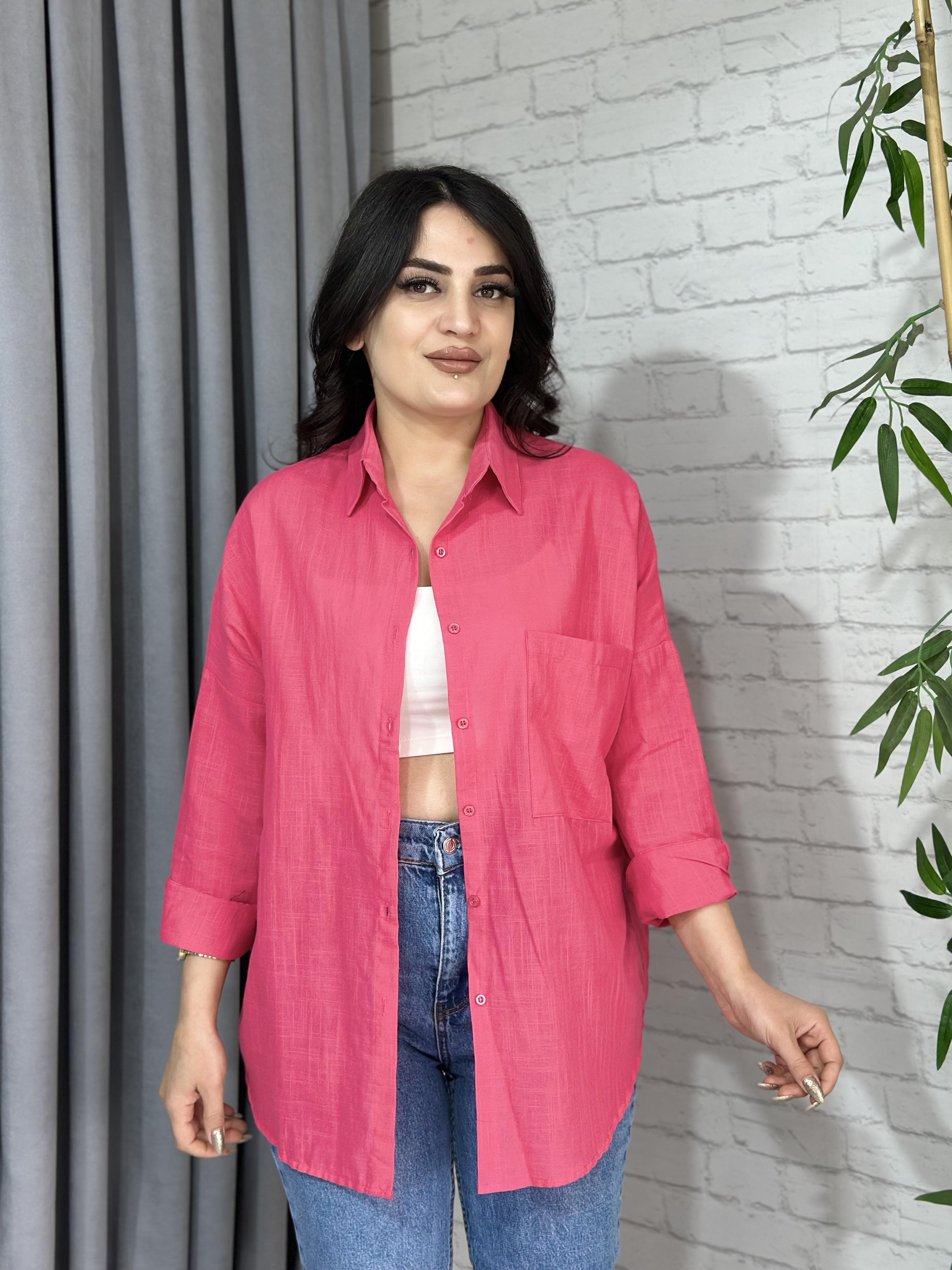 Fuşya Oversize Cepli Keten Gömlek A097