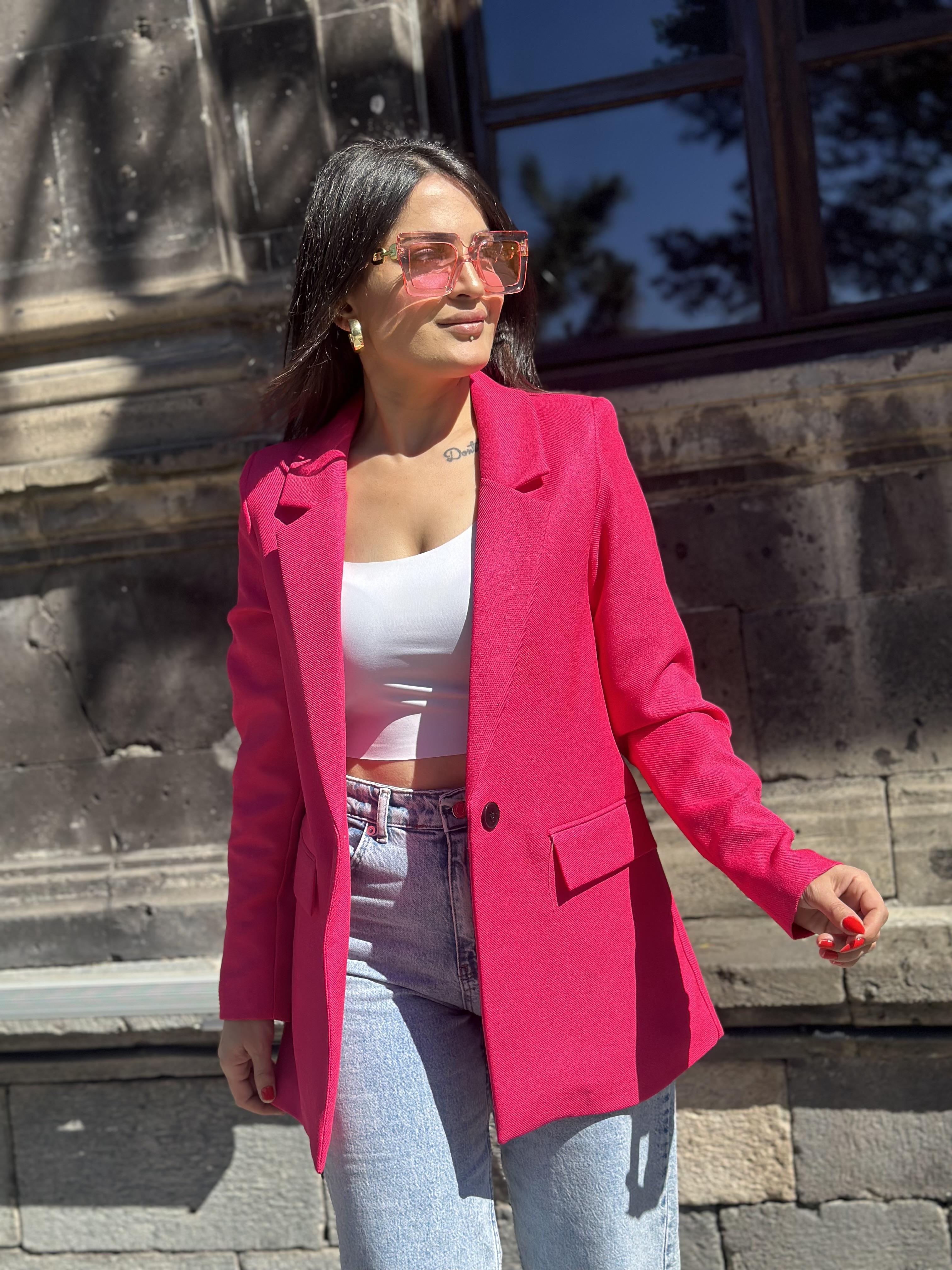 Fuşya Tek Düğme Yün Efekt Ceket