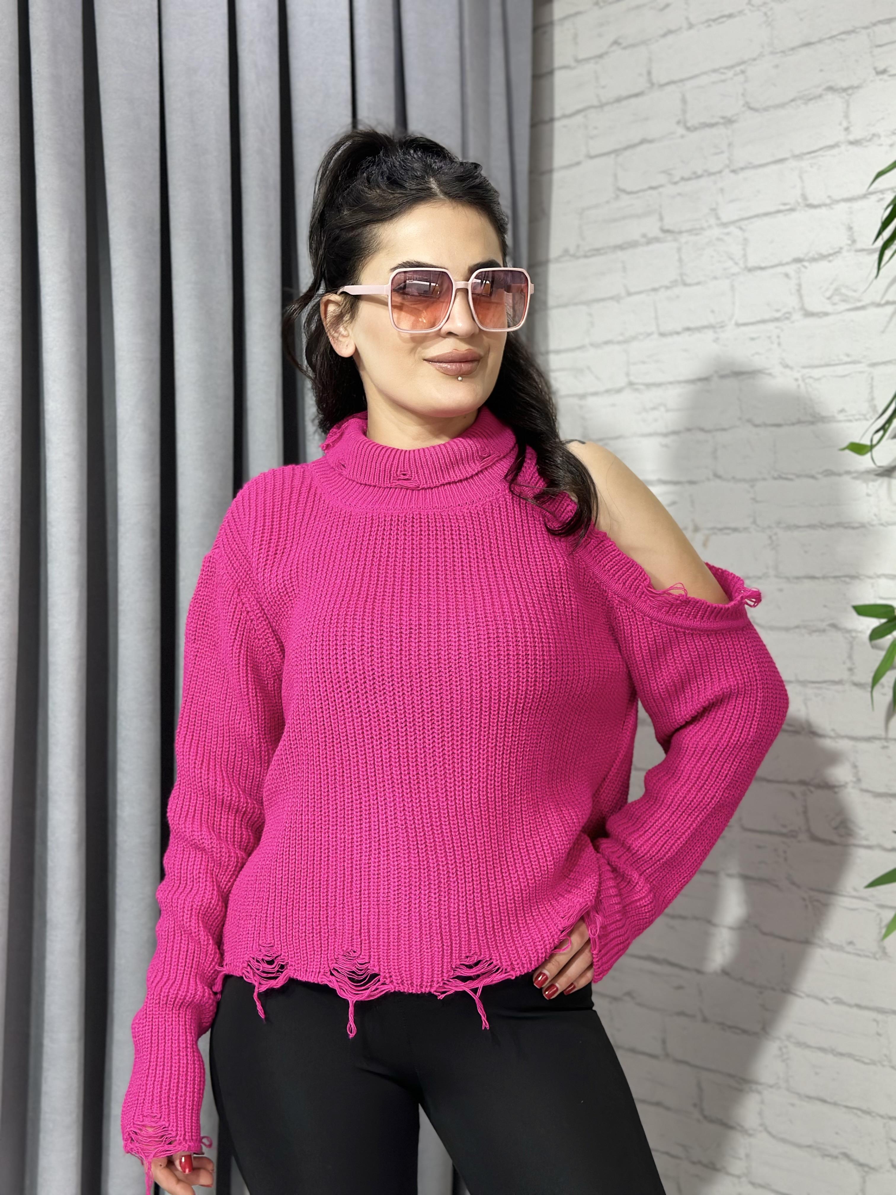 Fuşya Tek Omuz Dekolteli Triko Kazak 