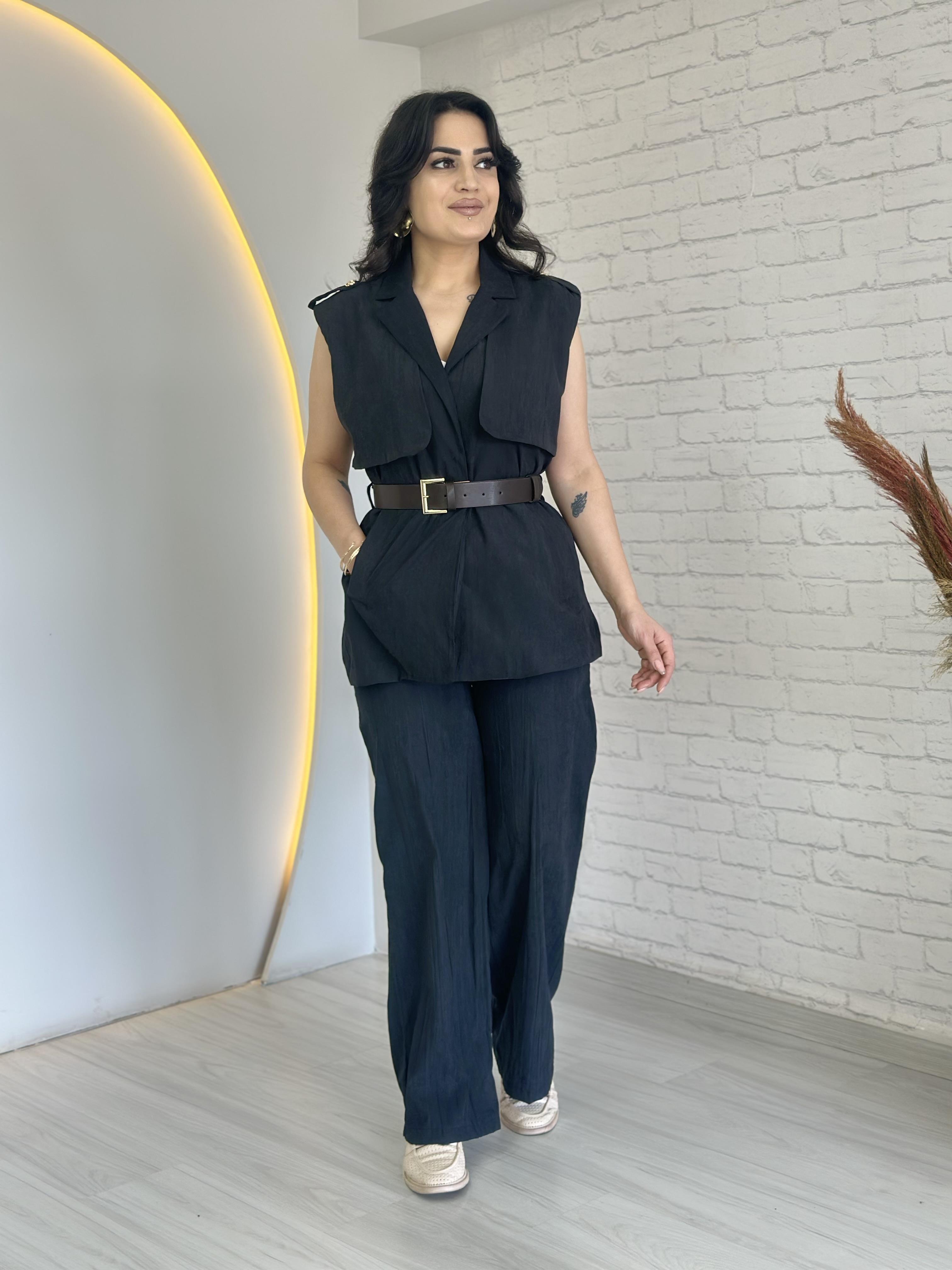 Giana Siyah Kemer Detaylı Yelek Pantolon Takım D046