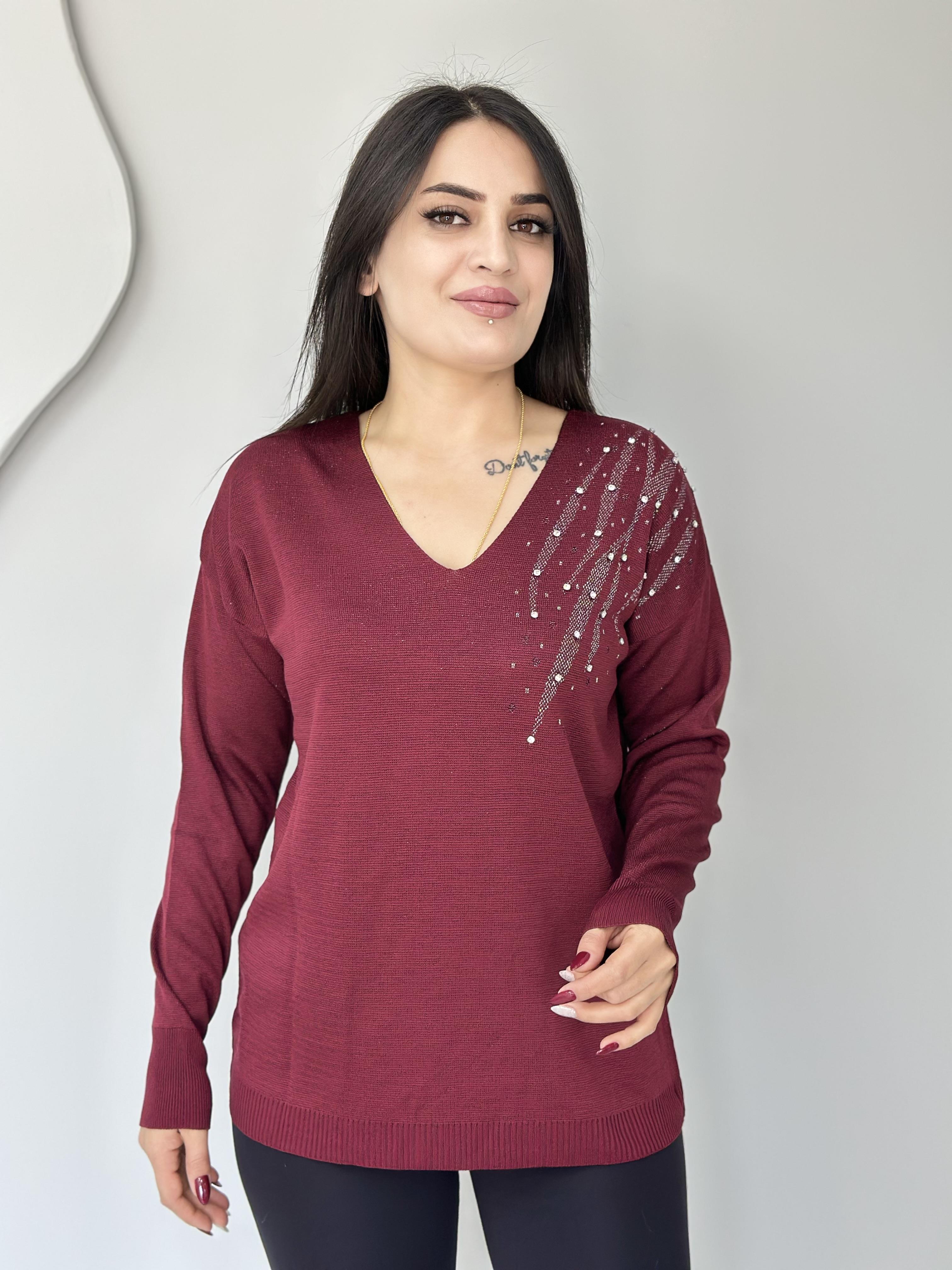 Glow Bordo V Yaka Omzu Taş İşlemeli Triko Bluz A055