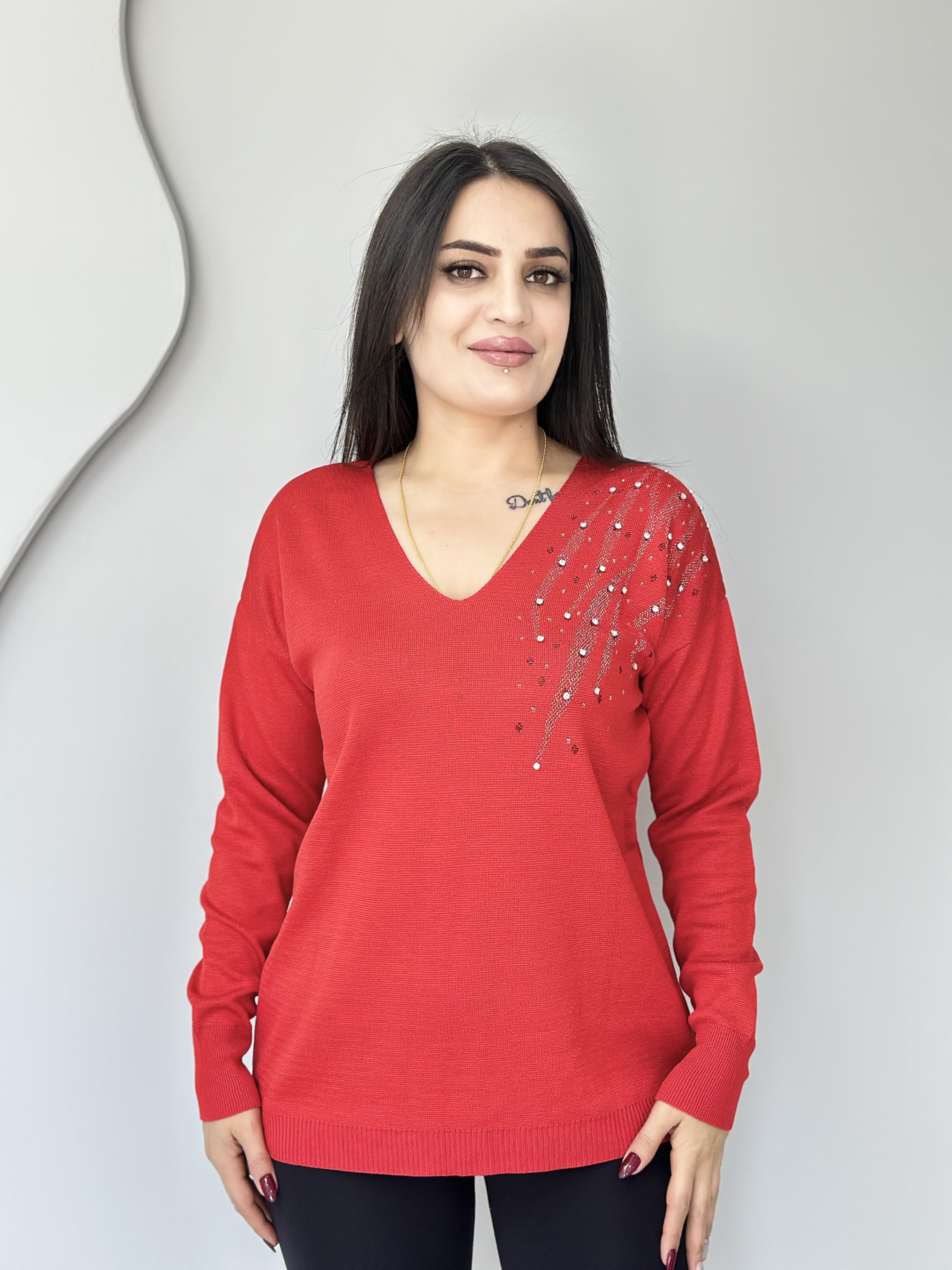 Glow Kırmızı V Yaka Omzu Taş İşlemeli Triko Bluz A061