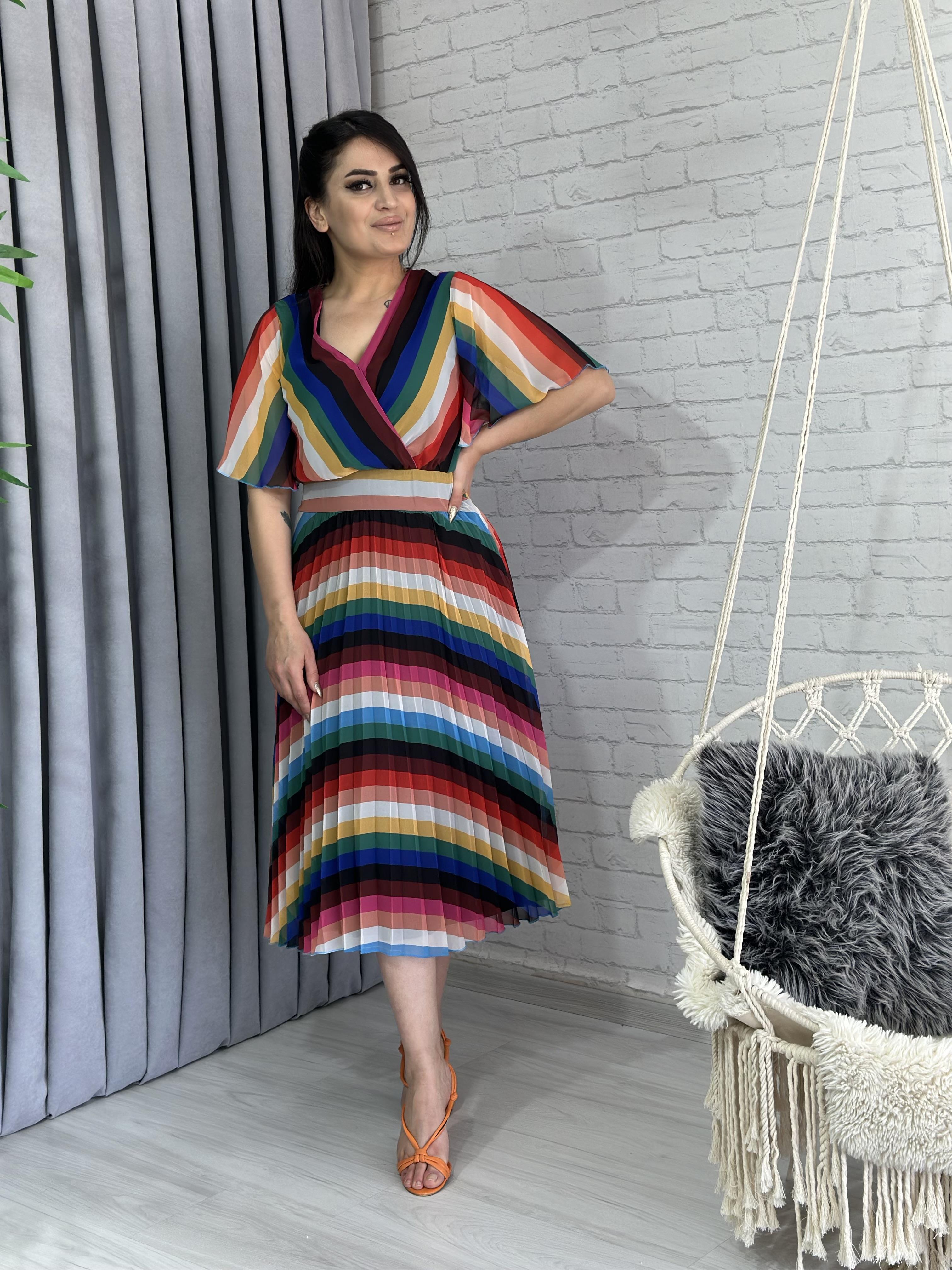 Gökkuşağı Şifon Astarlı Piliseli Bel Lastikli Midi Boy Elbise A020 