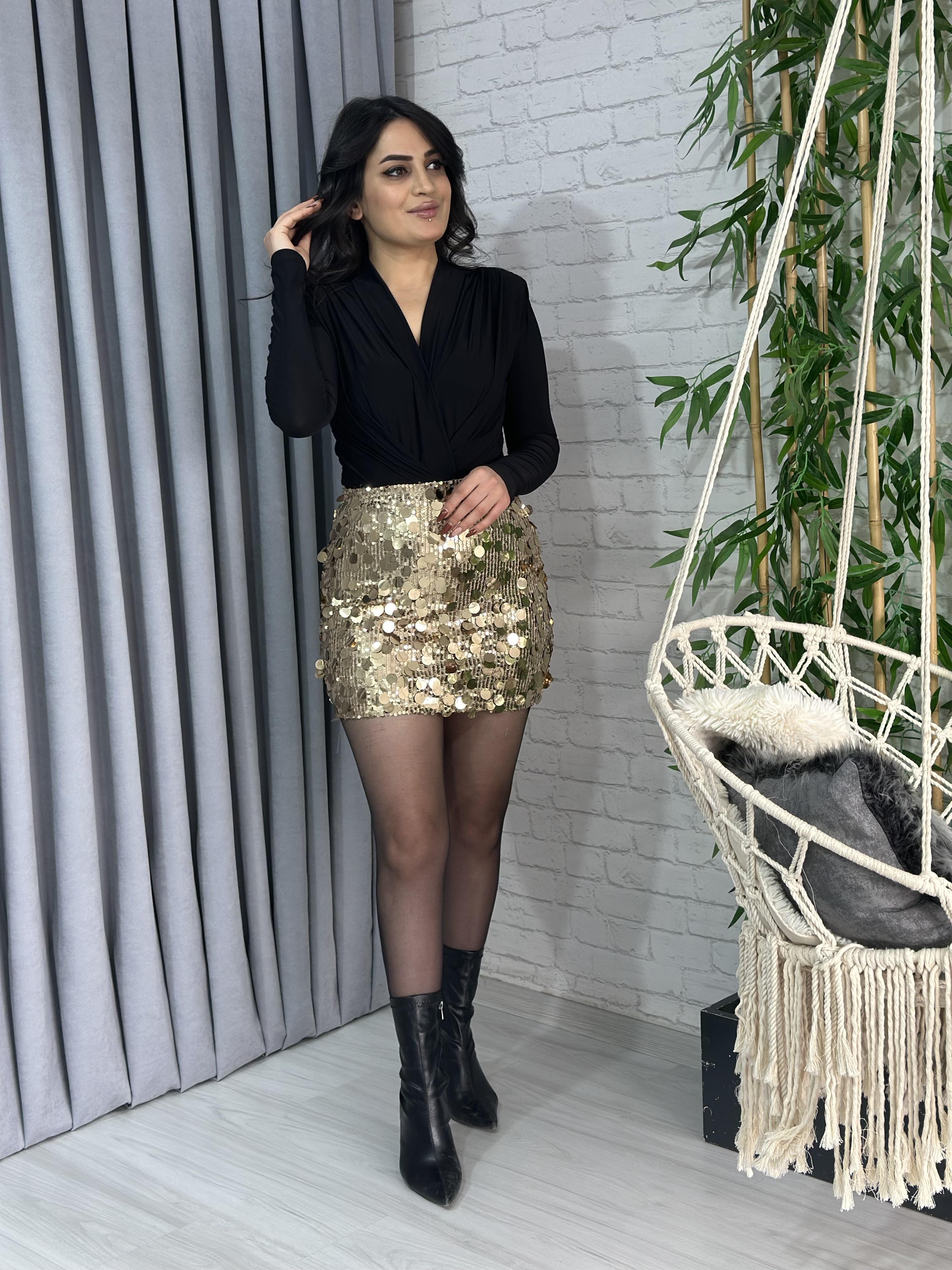 Gold Beli Lastikli Astarlı Pullu Payetli Etek A207