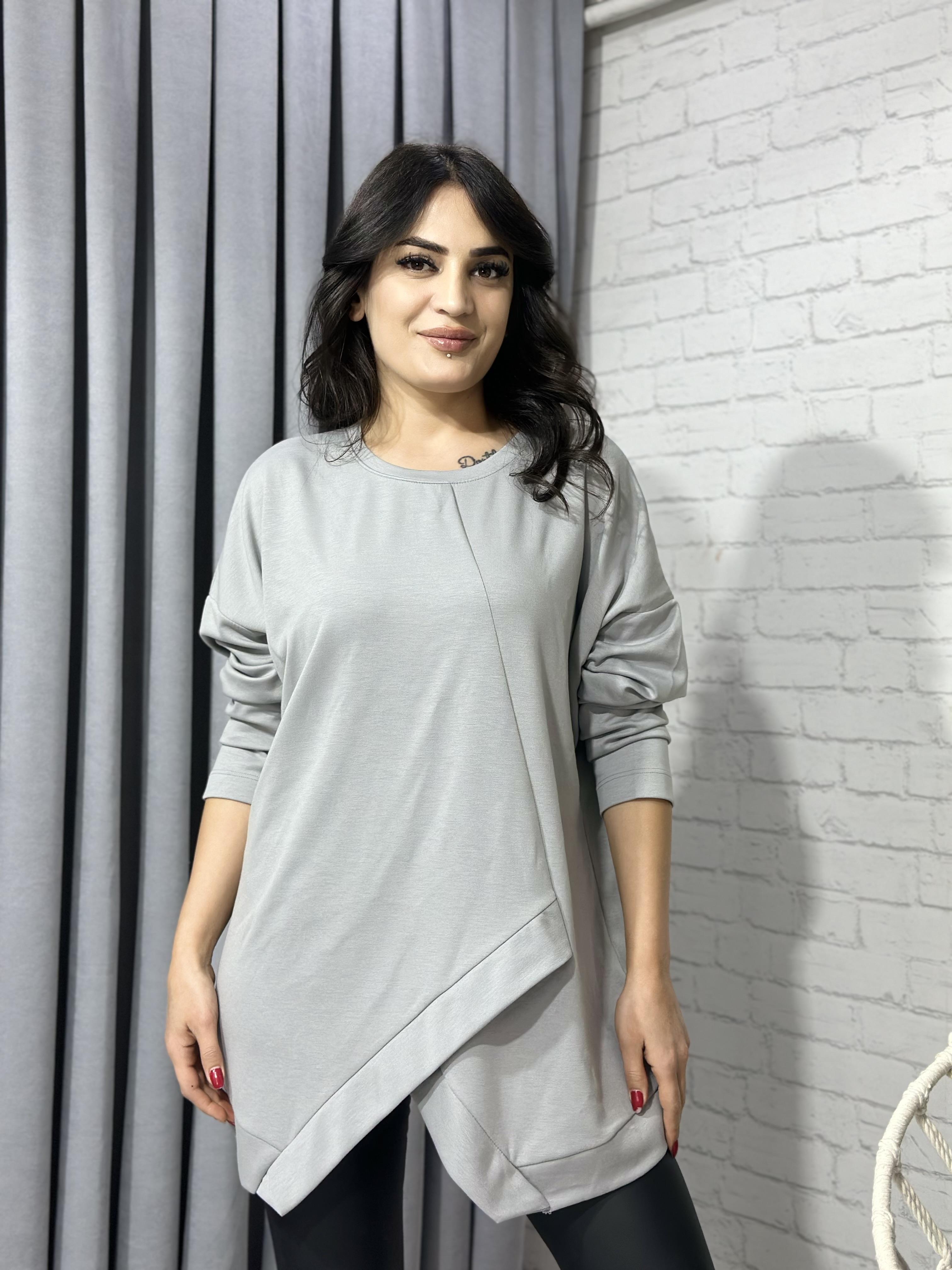 Gri Asimetrik Kesim Modal Oversize Bluz