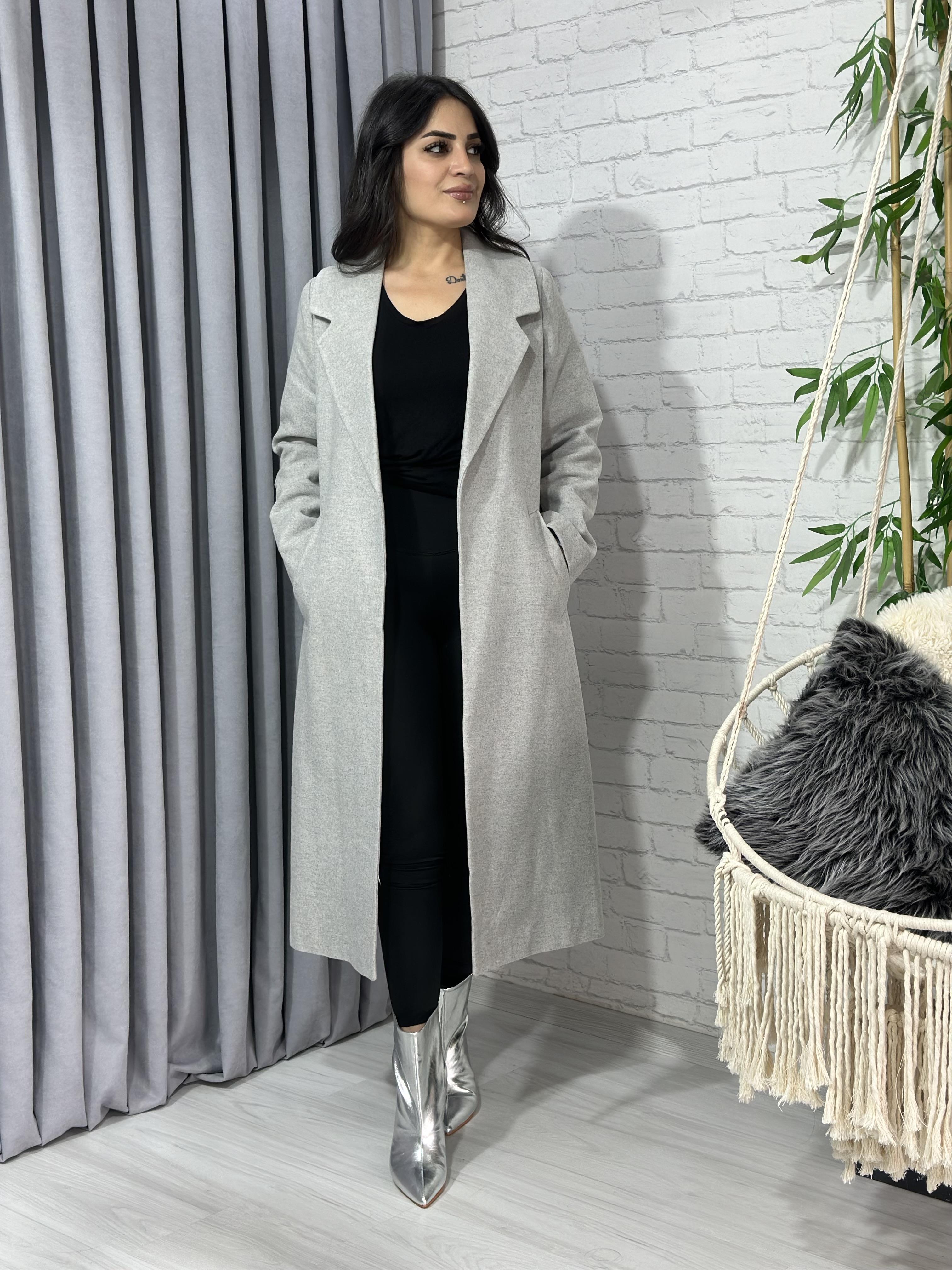 Gri Astarlı Beli Kuşaklı Lüks Kalite Kaşe Kaban