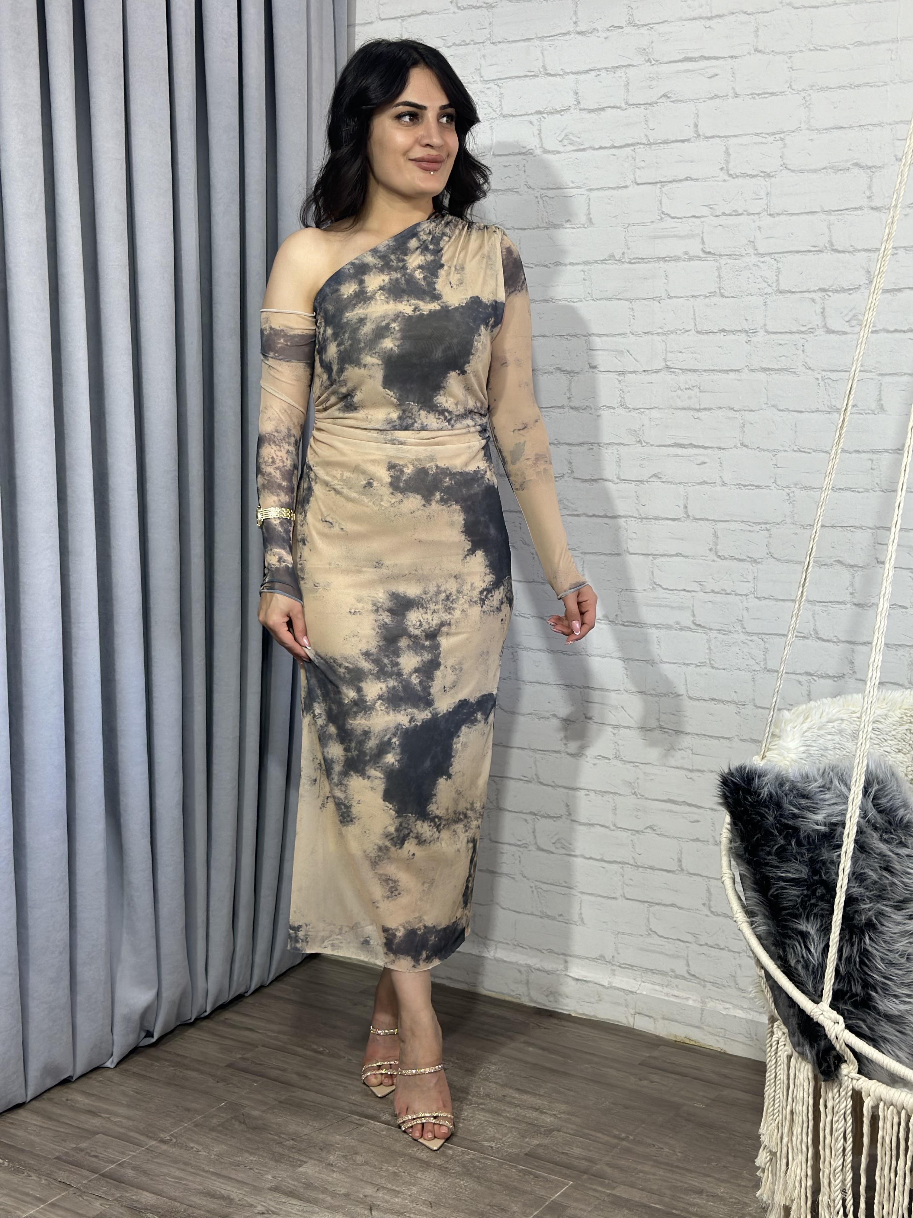 Gri Camel  Desenli Astarlı Omuz Dekolteli Elbise