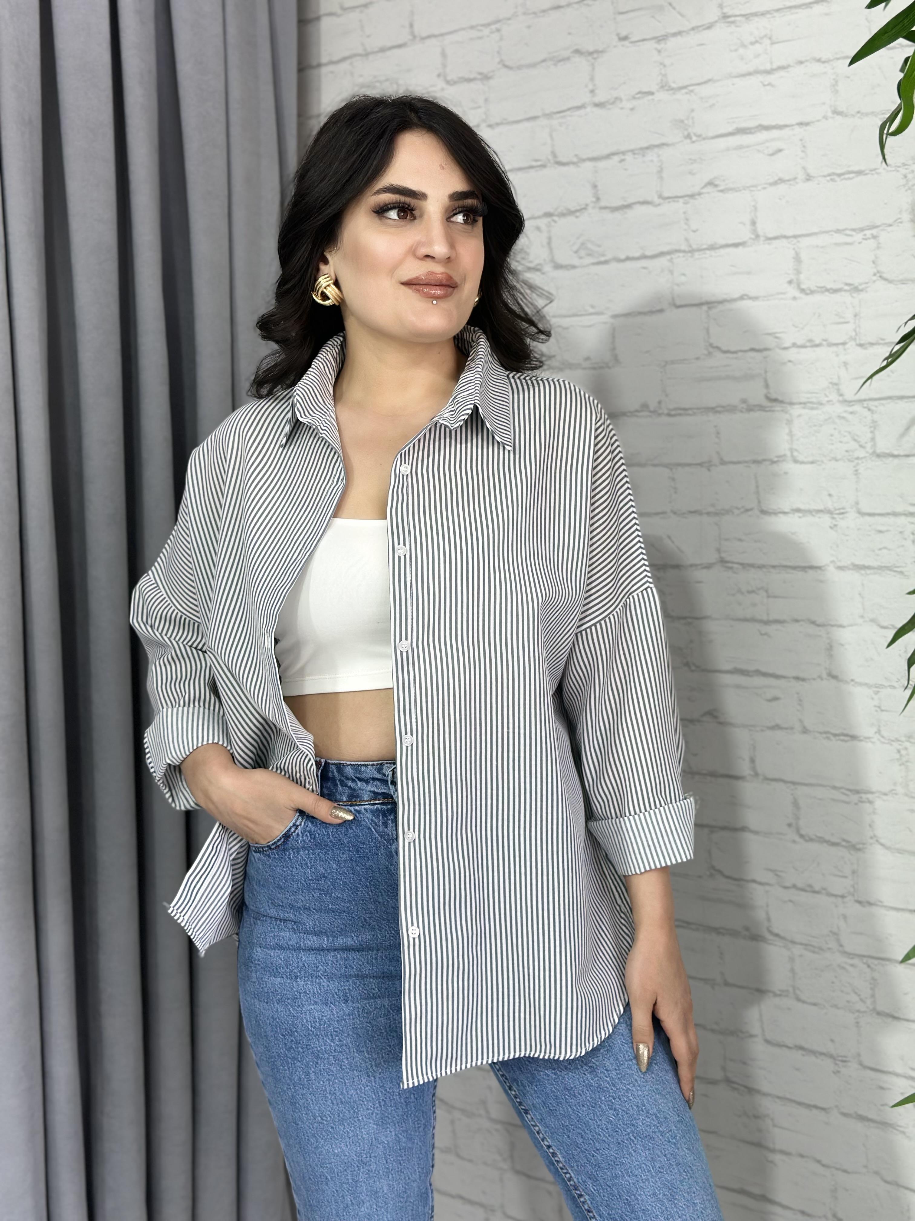 Gri Dik Yaka Çizgili Poplin Gömlek A806